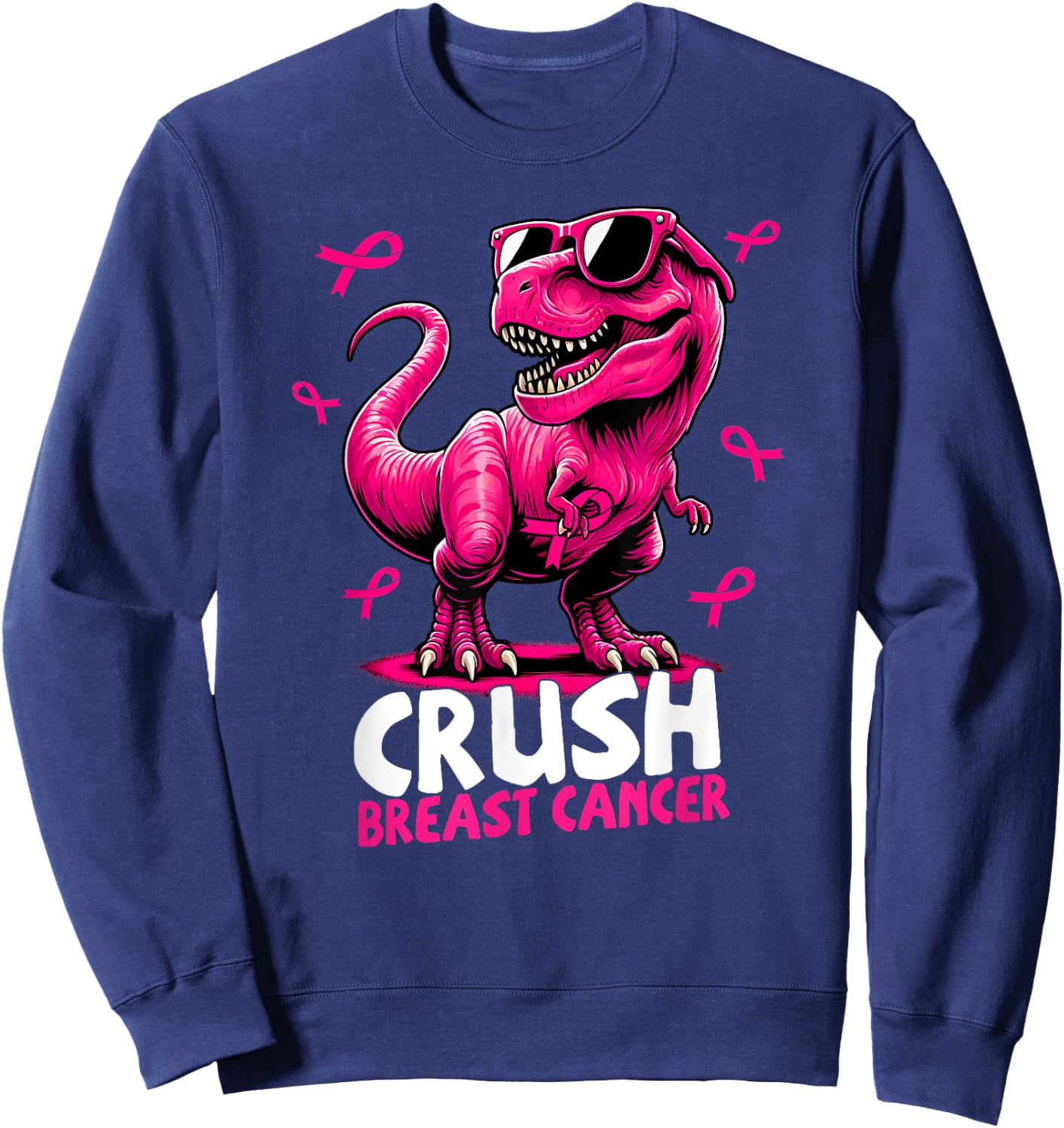 Crush Breast Cancer Dinosaur Holding Pink Ribbon Kids Mom Sweatshirt - Sweatshirt | Navy