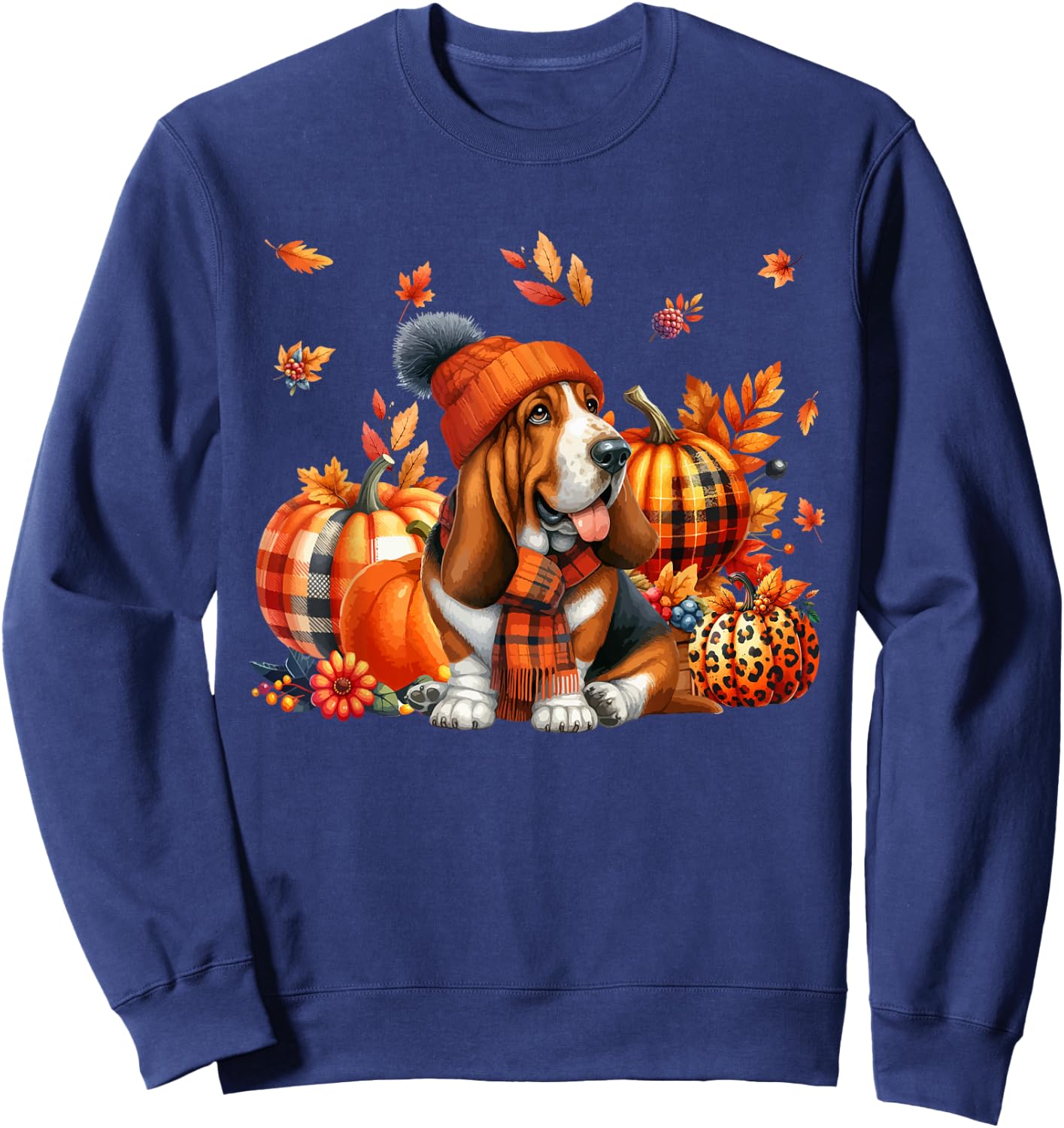 Basset Hound Thanksgiving Leopard Pumpkins Fall Leaves Sweatshirt - Sweatshirt | Navy
