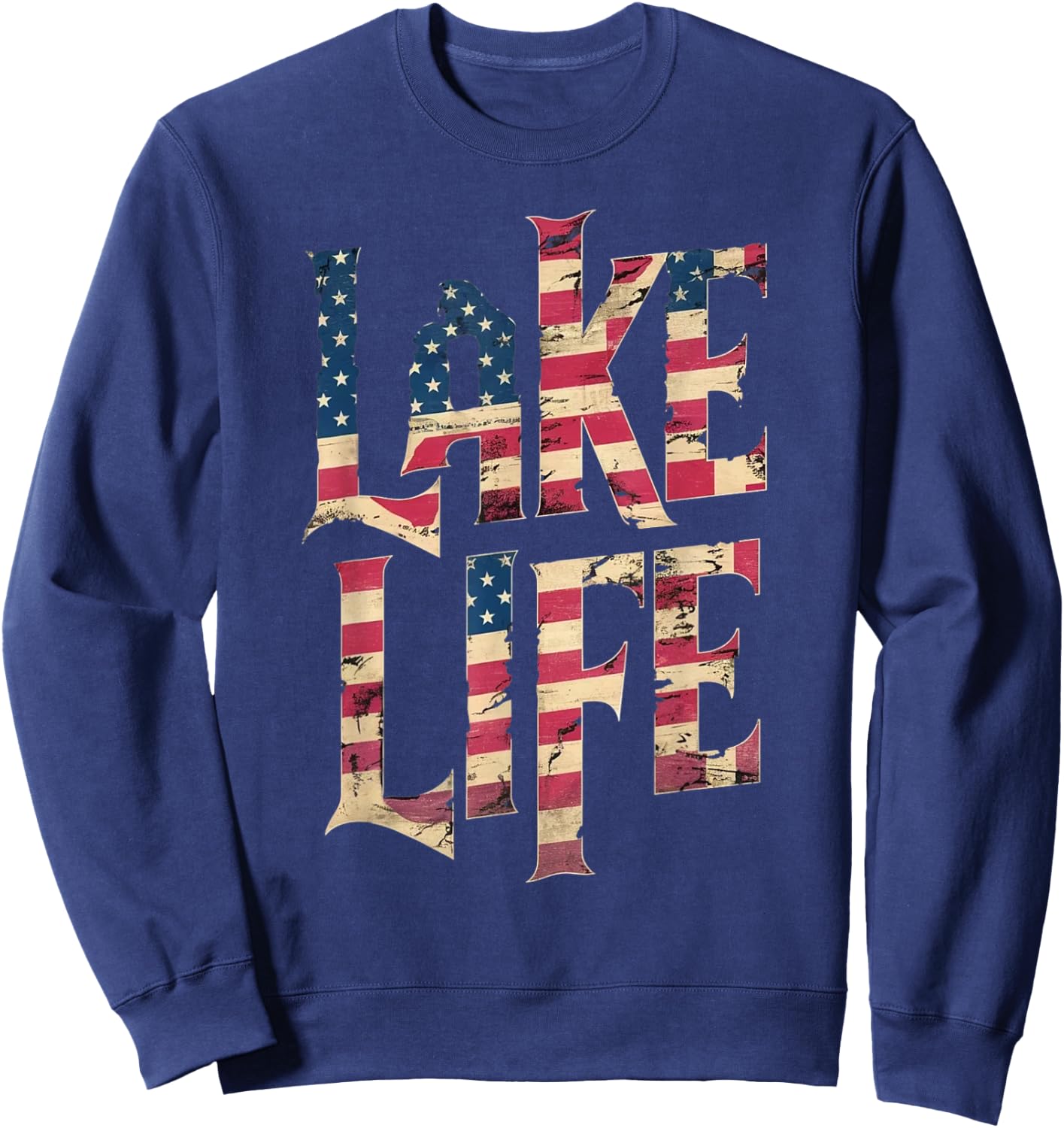 Vintage American Flag Lake Life 4th of July Patriotic Women Kids Men Sweatshirt - Sweatshirt | Navy