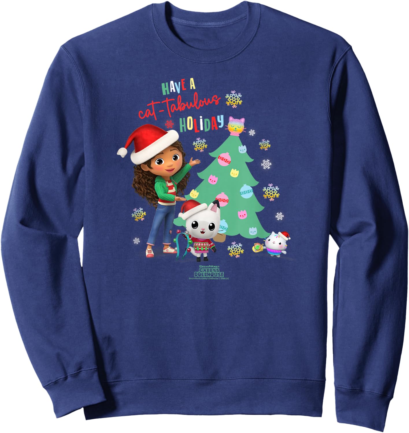 DreamWorks Gabby's Dollhouse Kids Black Cartoon Christmas , Short Sleeve, Small, Cat-tabulous Holiday Sweatshirt - Sweatshirt | Navy