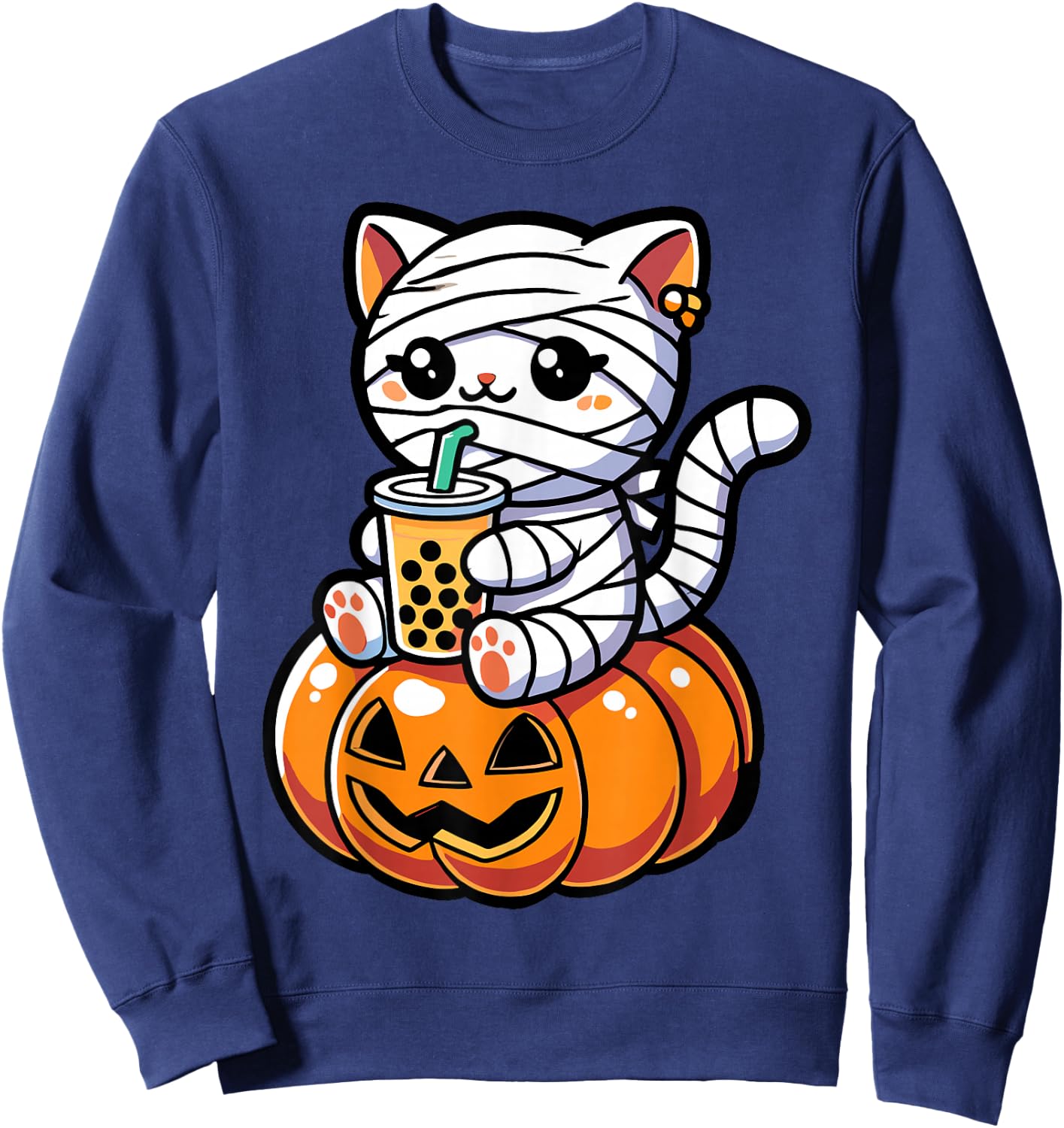 Kawaii Mummy Cat Drinking Boba Tea Halloween Pumpkin Men Women Kids Sweatshirt - Sweatshirt | Navy