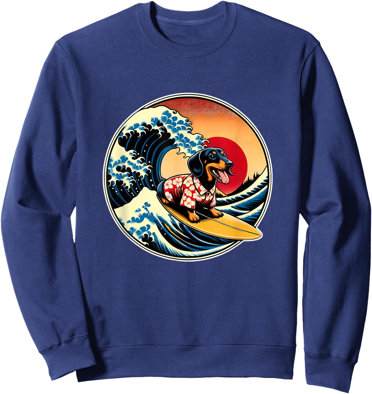 Great Wave Kanagawa Weiner Dachshund Dog Surfing Men Women Kids Sweatshirt - Sweatshirt | Navy