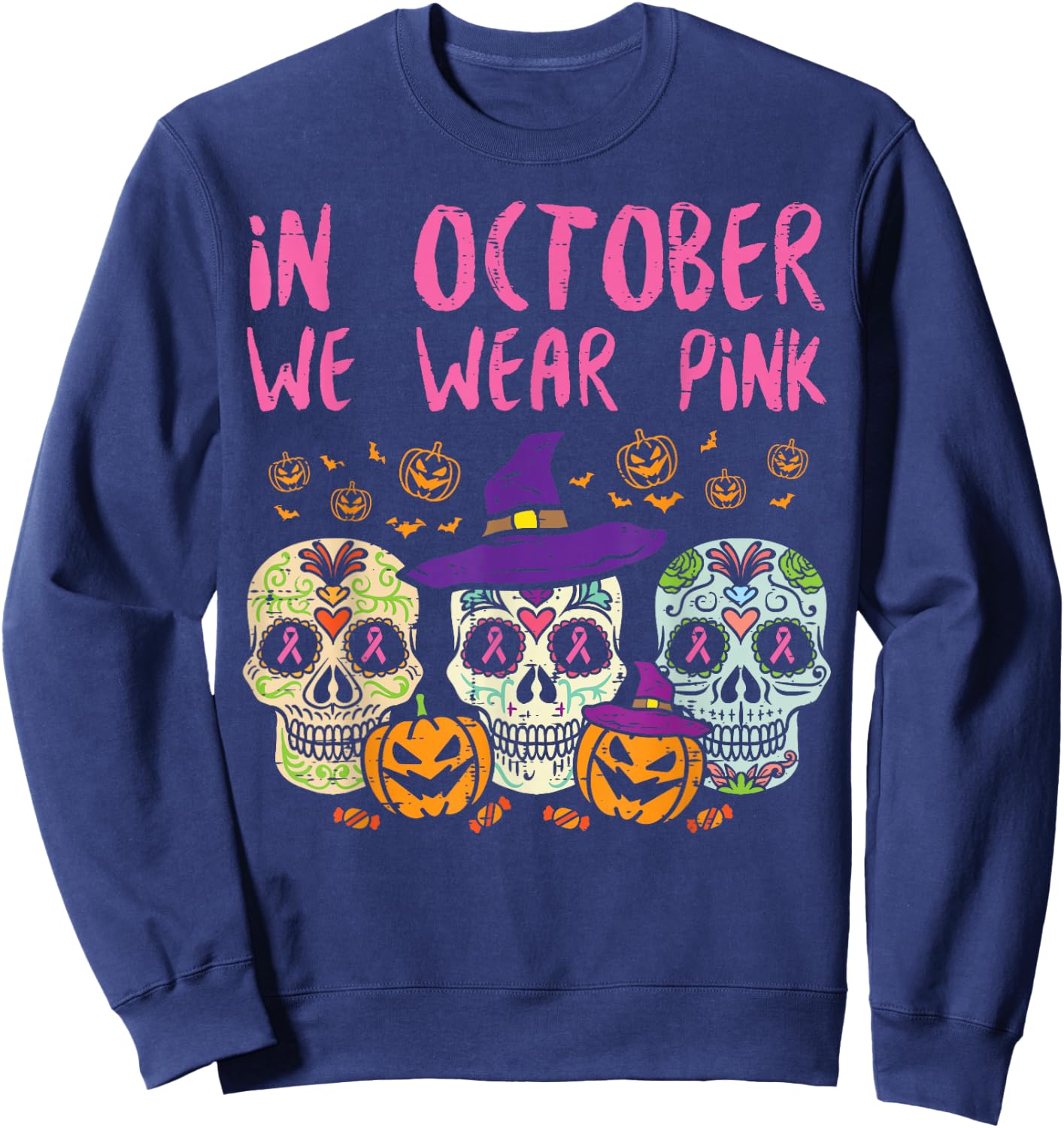 Sugar Skull October Pink Breast Cancer Awareness Halloween Sweatshirt - Sweatshirt | Navy