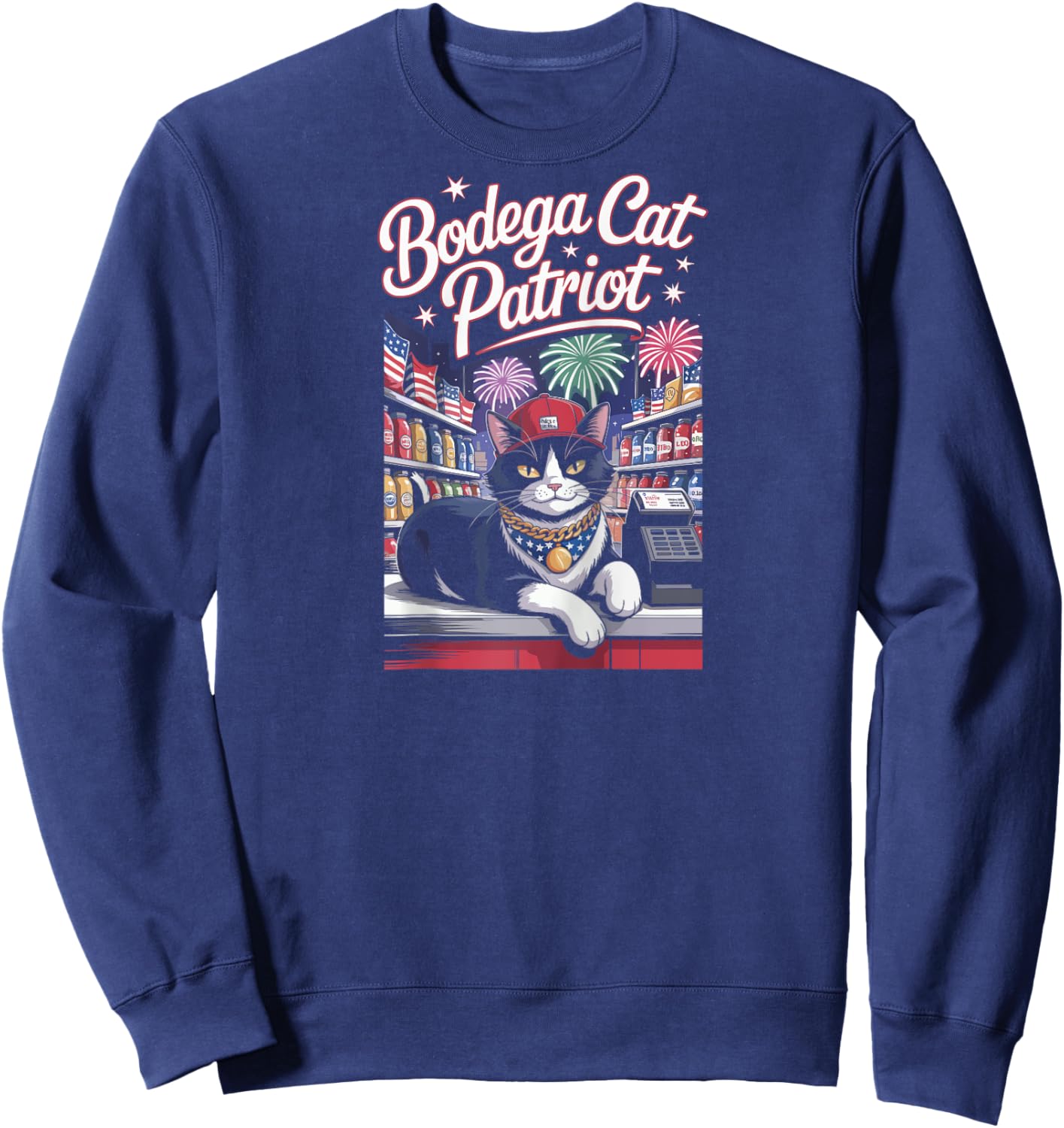 Patriotic Cat Fireworks Grocery Bodega July 4th Style Raglan Baseball Sweatshirt - Sweatshirt | Navy