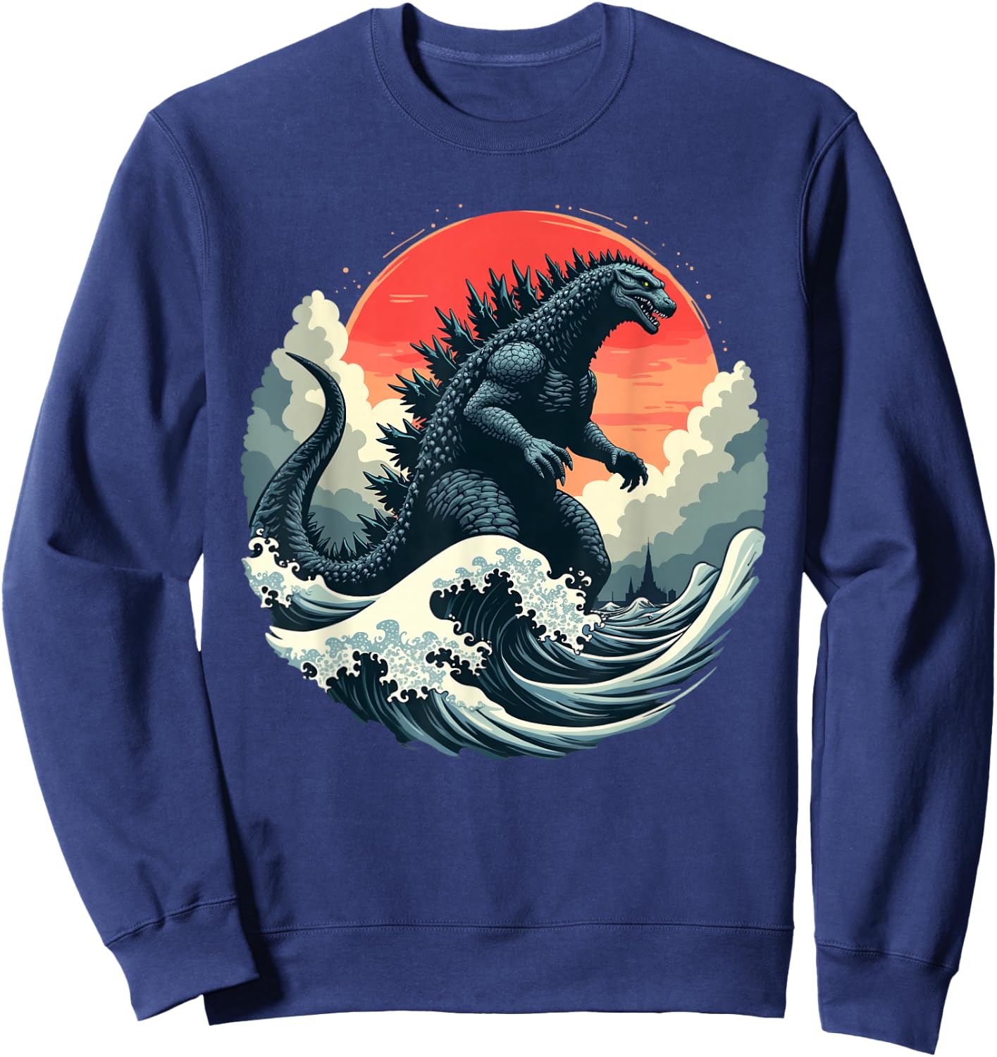 Vintage Japanese Kaiju Monster The Great Wave Off Kanagawa Sweatshirt - Sweatshirt | Navy