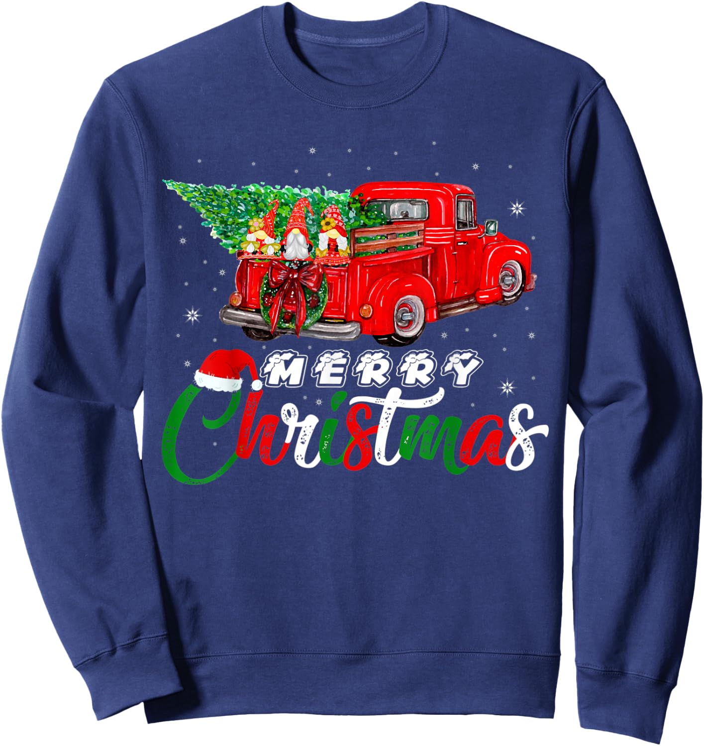 Three Gnomes In Red Truck With Christmas Pine Tree Xmas Day Sweatshirt - Sweatshirt | Navy