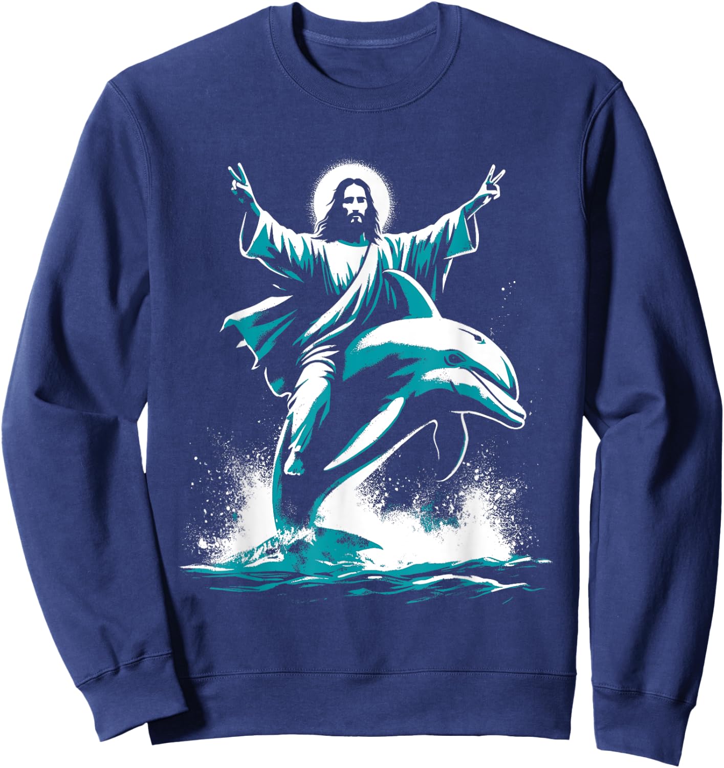 Jesus Riding A Dolphin - Funny Christian Religious Dolphin Sweatshirt - Sweatshirt | Navy