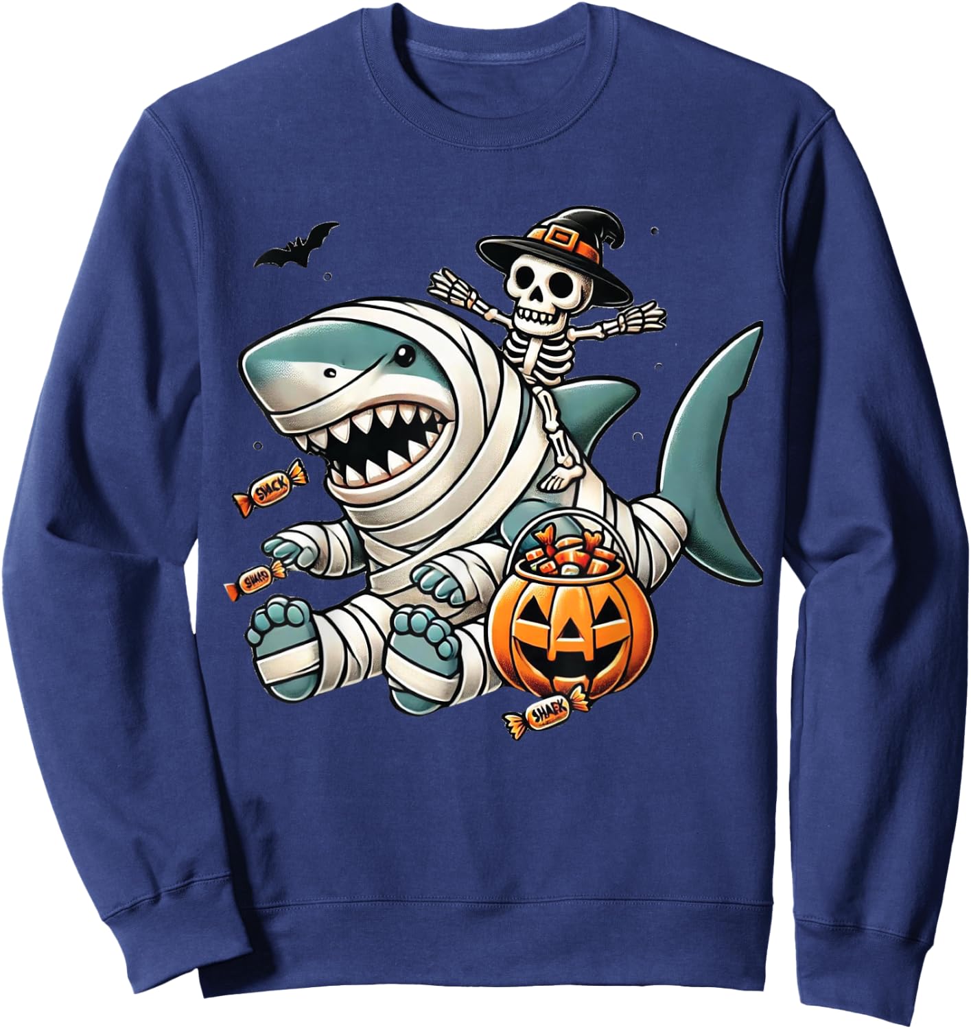 Skeleton Riding Shark Funny Halloween Pumpkin Boys Kids Sweatshirt - Sweatshirt | Navy