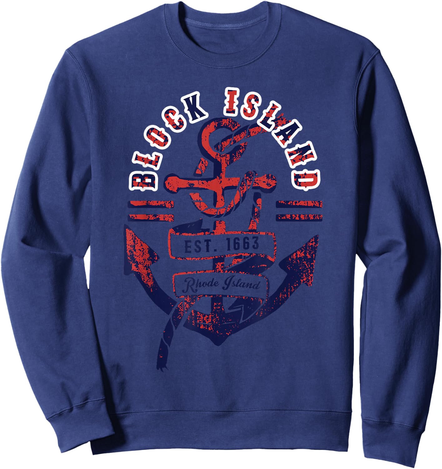 Vintage Distressed Anchor & Rope Block Island Rhode Island Sweatshirt - Sweatshirt | Navy