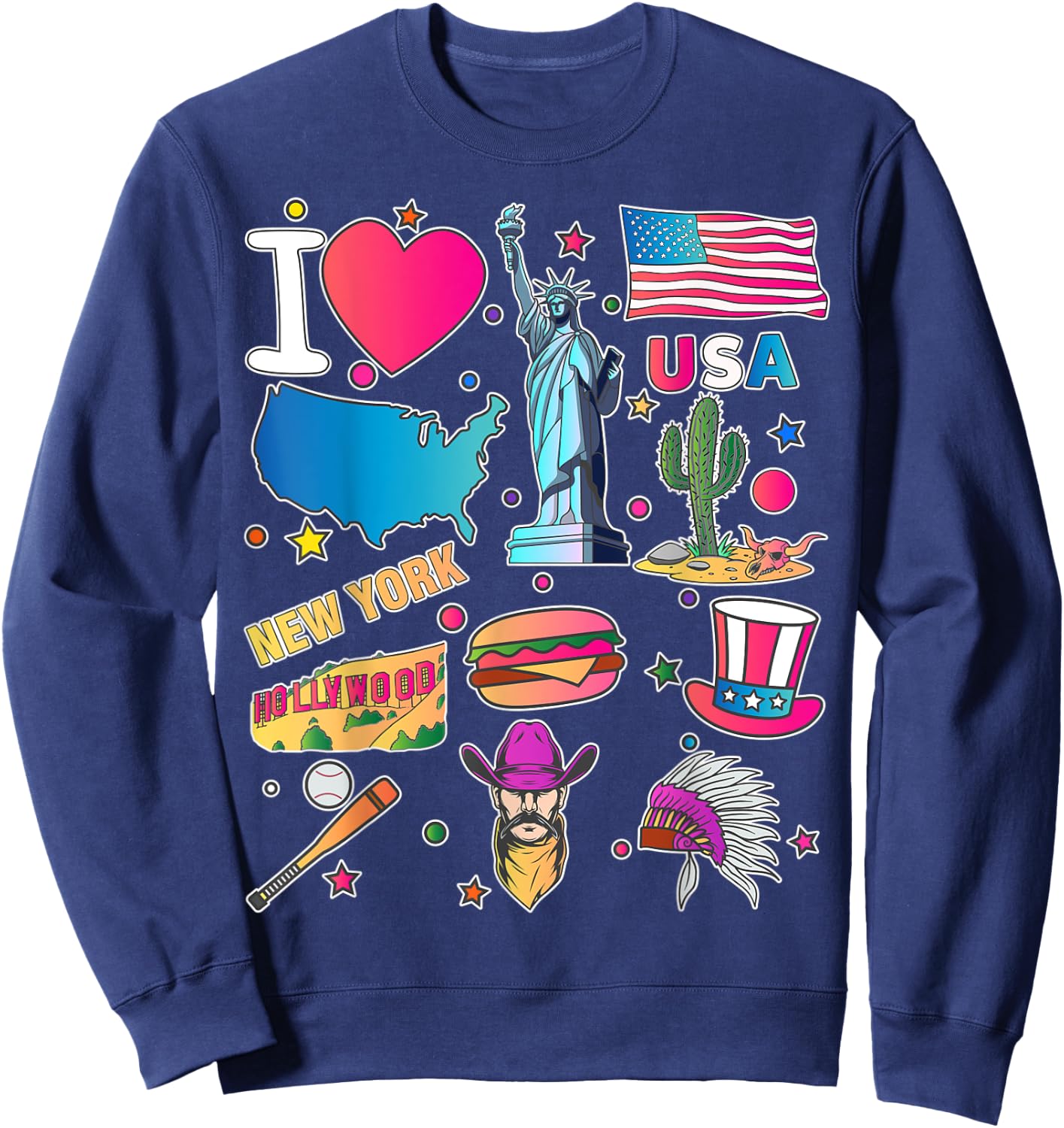 hand drawn American travel symbols, USA map, Cultural icons Sweatshirt - Sweatshirt | Navy