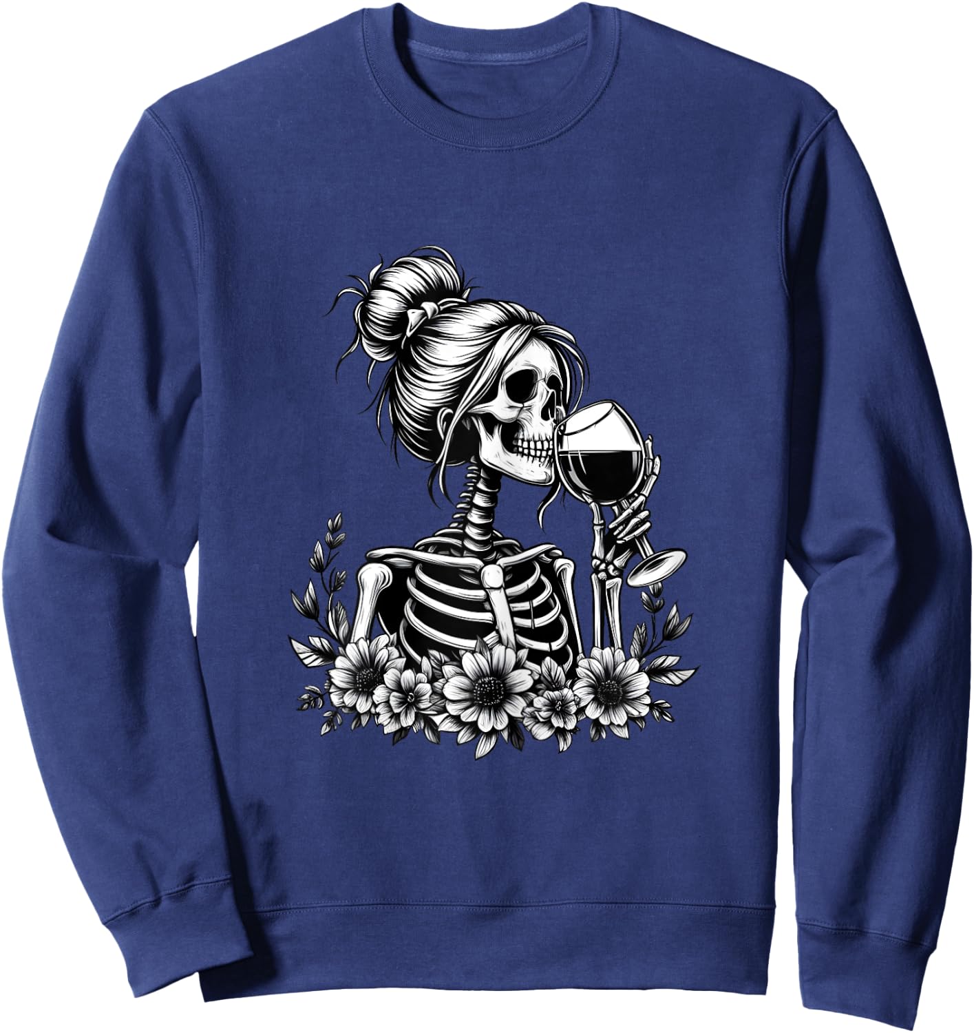 Female Skeleton Wine Drinking Messy Bun Vintage Halloween Sweatshirt - Sweatshirt | Navy