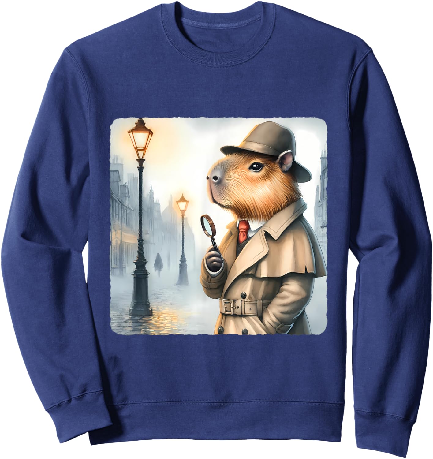 Capybara Detective With Magnifying Glass. Trench Coat Hat Sweatshirt - Sweatshirt | Navy