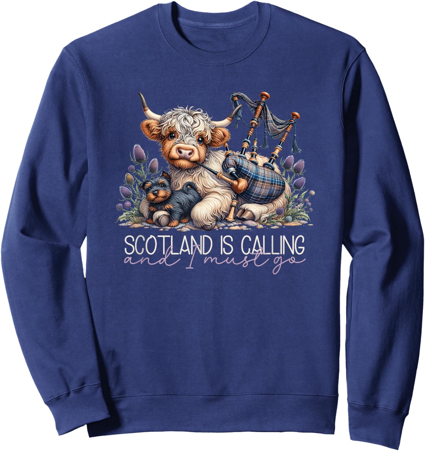Scotland is Calling Scottish Highland Cow Bagpipes & Thistle Sweatshirt - Sweatshirt | Navy