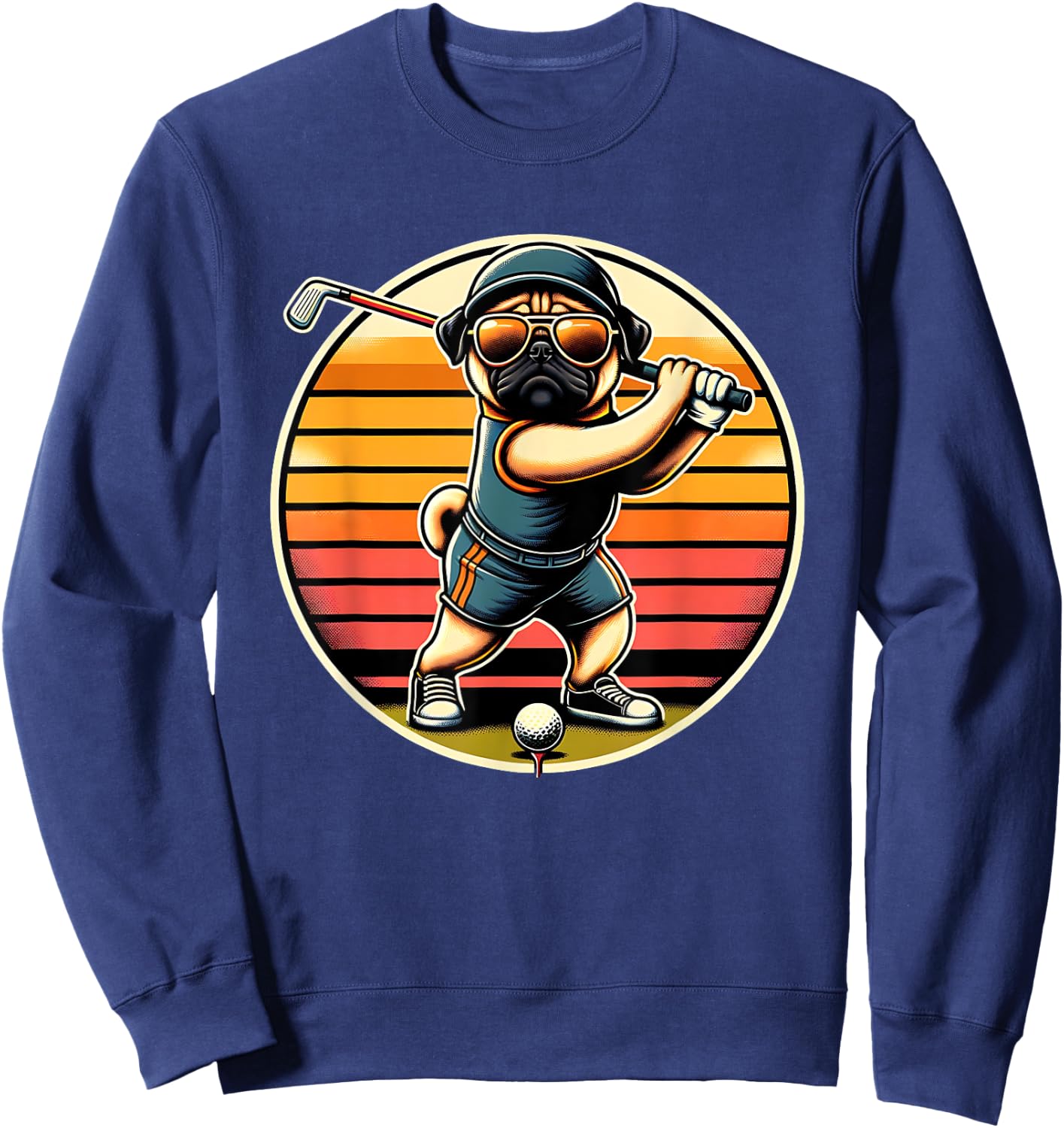 Pug Dog Golfer With Sunglasses Funny Golfing Art Men Women Kids Sweatshirt - Sweatshirt | Navy