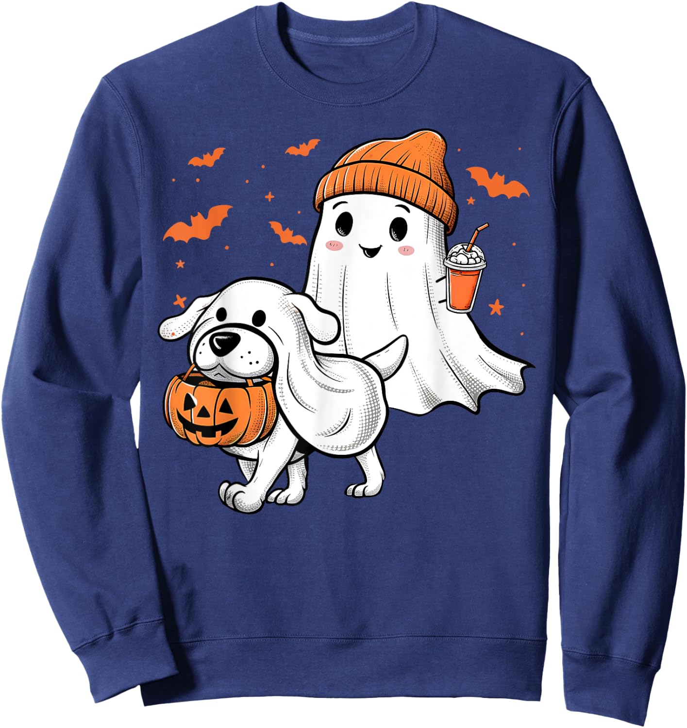 Cute Ghost Walking Dog Coquette Bow Halloween Dog Lover Girl Sweatshirt - Sweatshirt | Navy