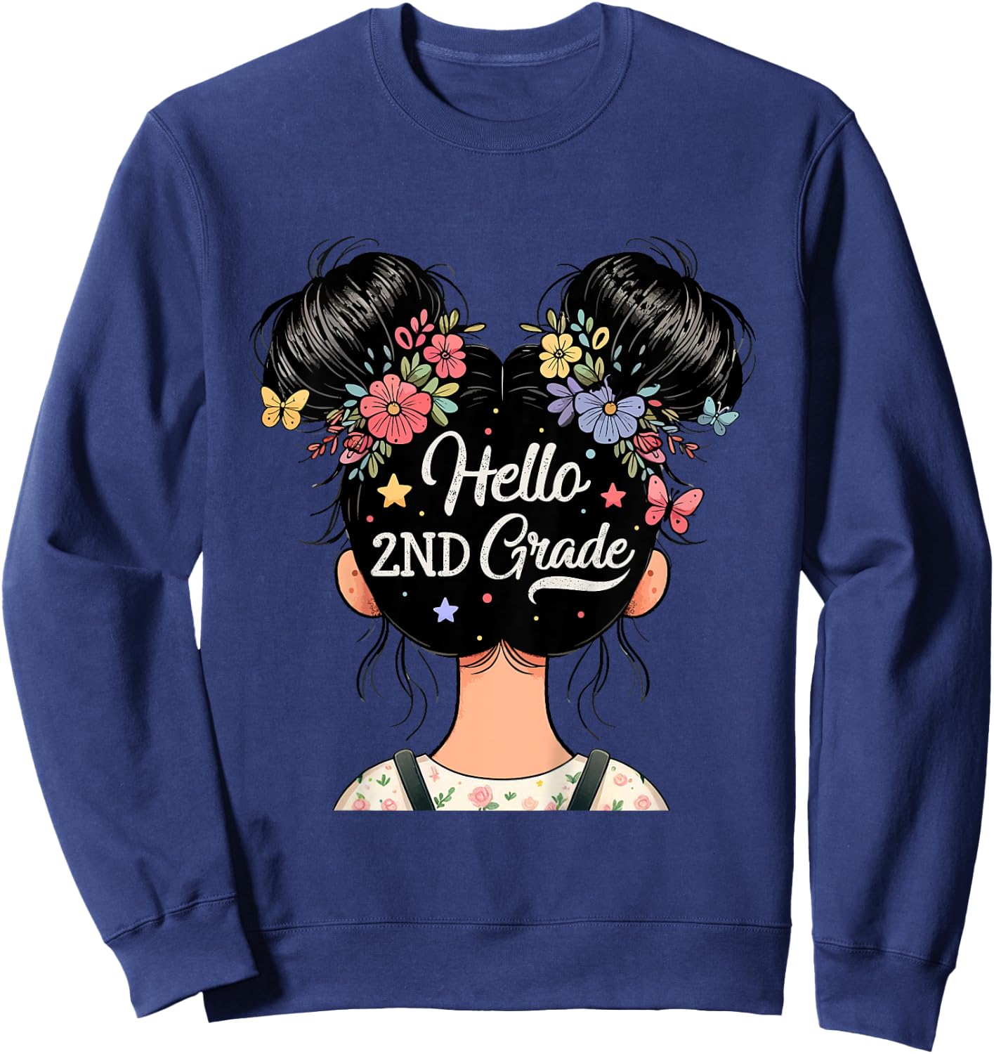 Kids Hello 2nd Grade Messy Hair Bun Girl Back To School Kids Sweatshirt - Sweatshirt | Navy