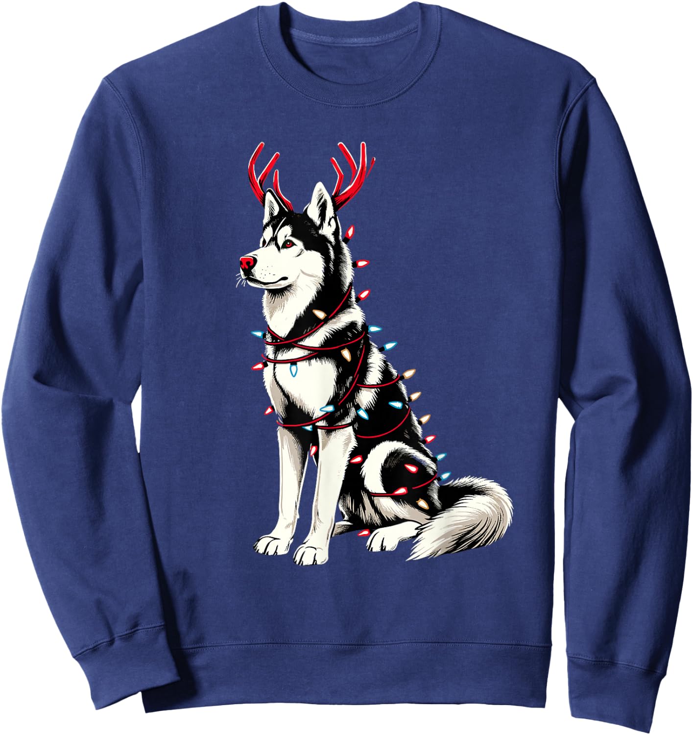 Siberian Husky Santa Christmas Lights Pajama, Merry Wolfmas Sweatshirt - Sweatshirt | Navy