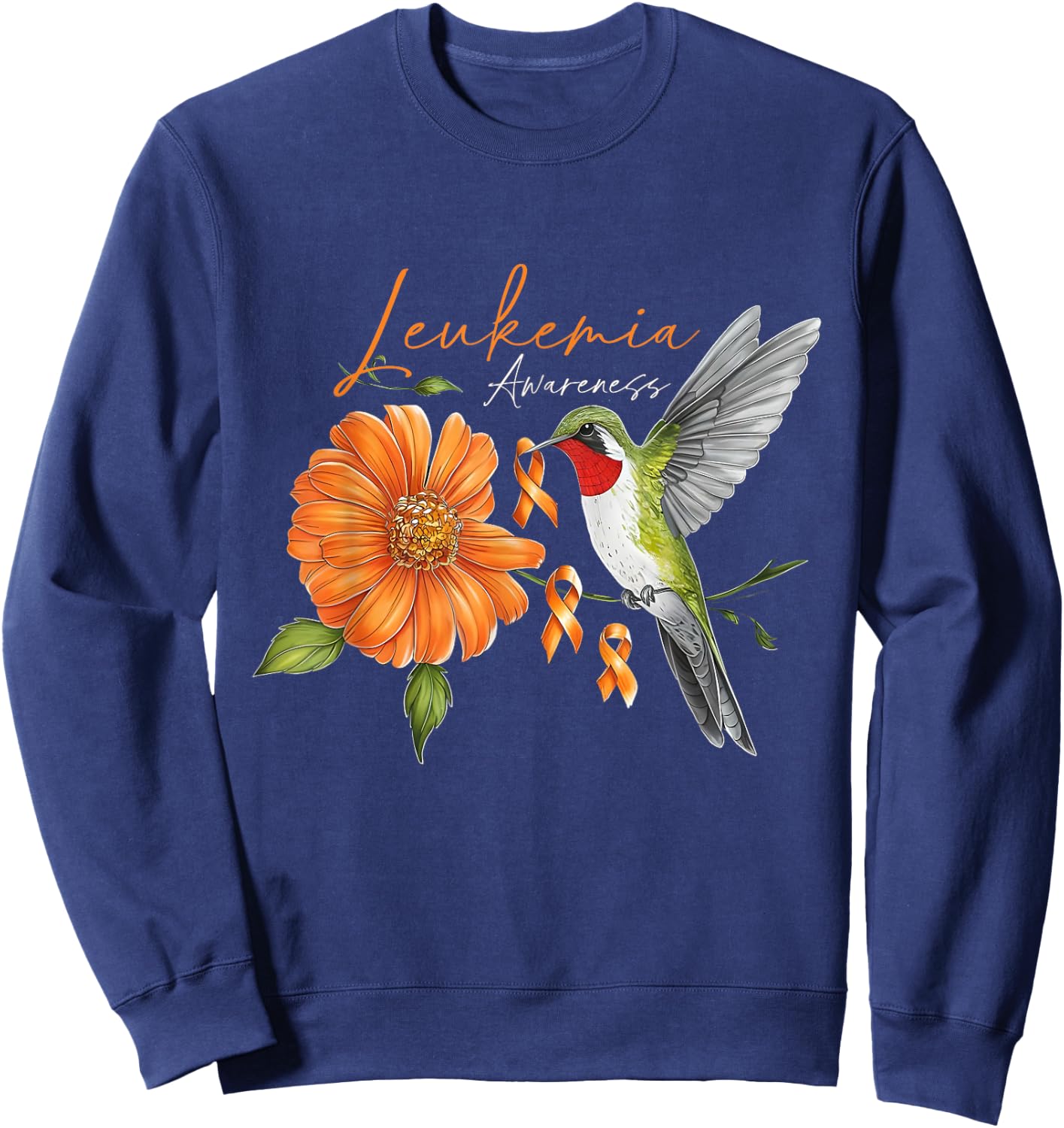 Hummingbird Orange Ribbon Sunflower Daisy Leukemia Awareness Sweatshirt - Sweatshirt | Navy