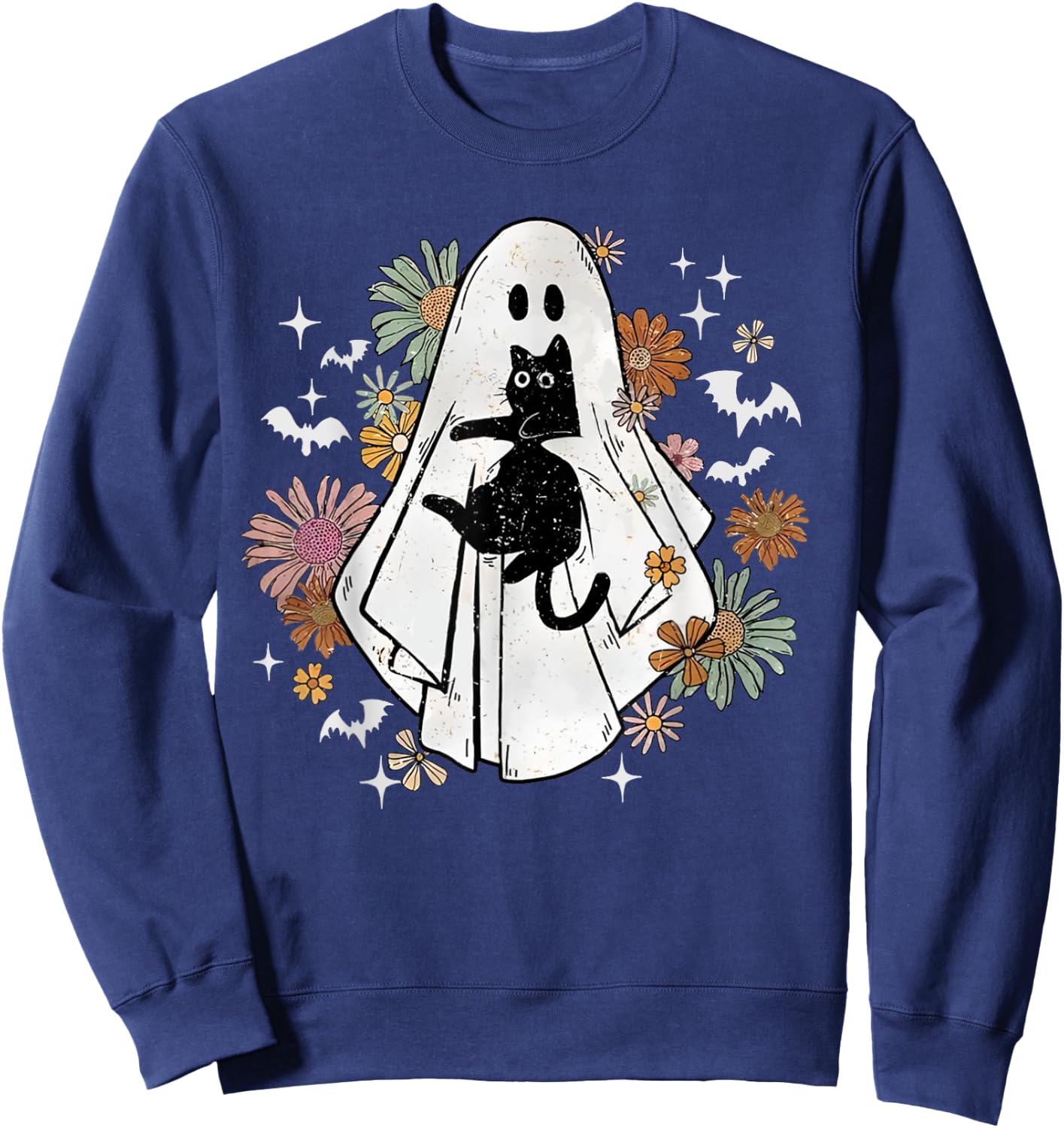Spooky Ghost Holding Black Cat Groovy Floral Halloween Goth Sweatshirt - Sweatshirt | Navy