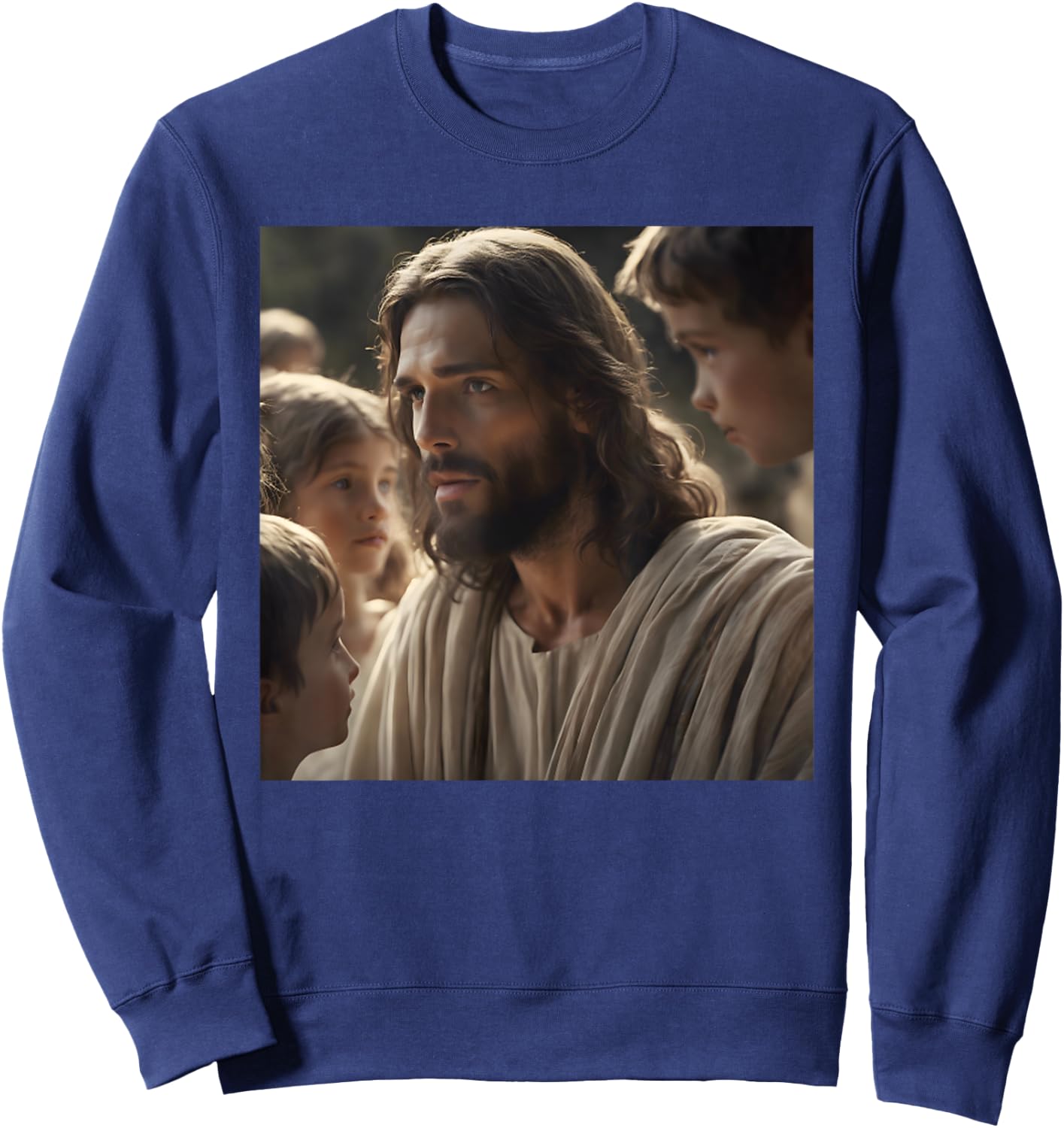 Vintage Jesus With Kids Face Of Jesus Portrait Christ Sweatshirt - Sweatshirt | Navy