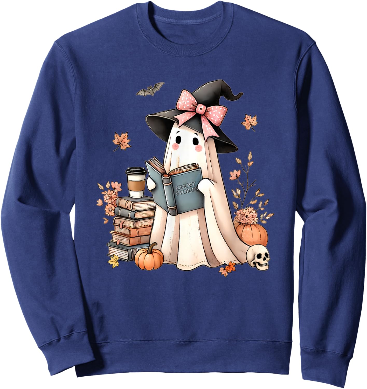 Cute Ghost Reading Book Librarian Book Lover Sweatshirt - Sweatshirt | Navy
