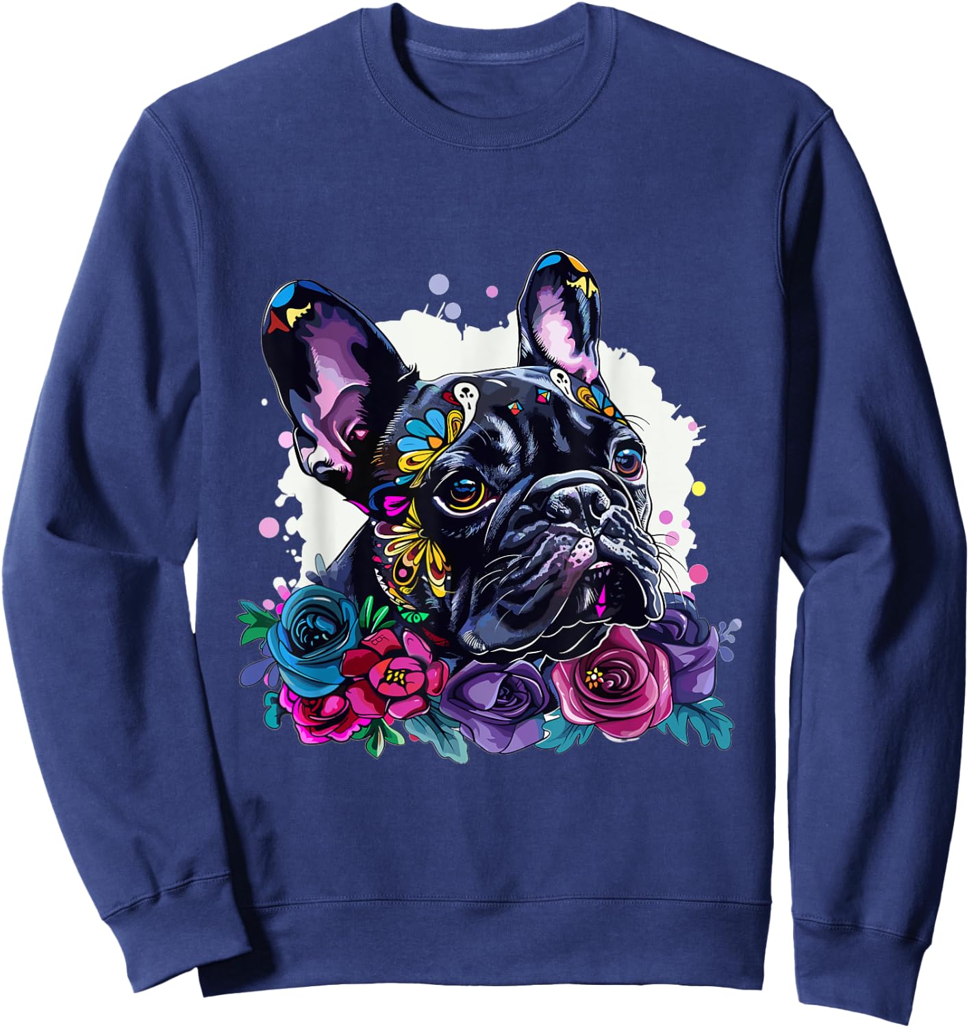 French Bulldog Sugar Skull Dia De Los Muertos Graphic Sweatshirt - Sweatshirt | Navy