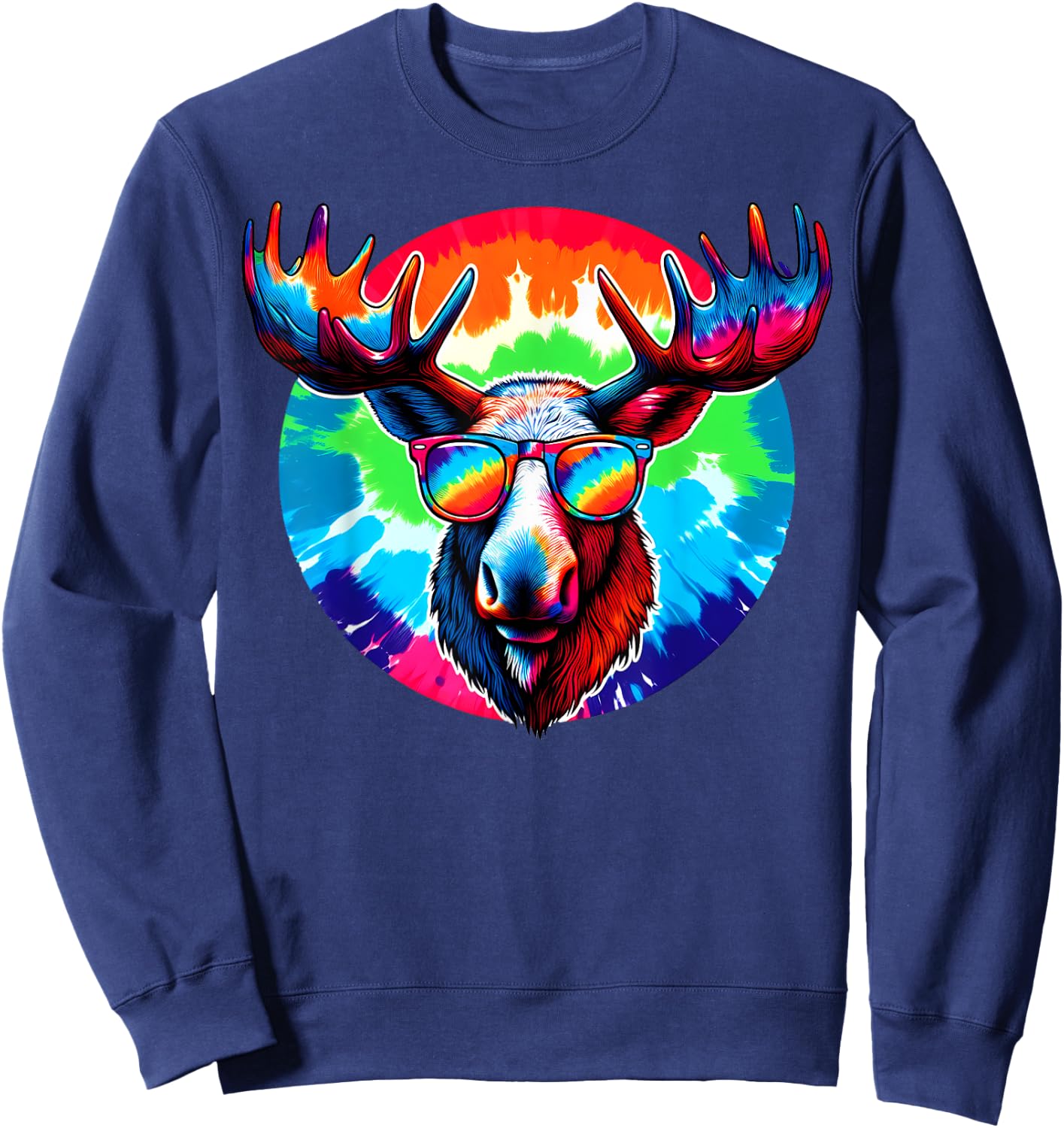 Cool Tie Dye Sunglasses Moose Illustration Art Sweatshirt - Sweatshirt | Navy