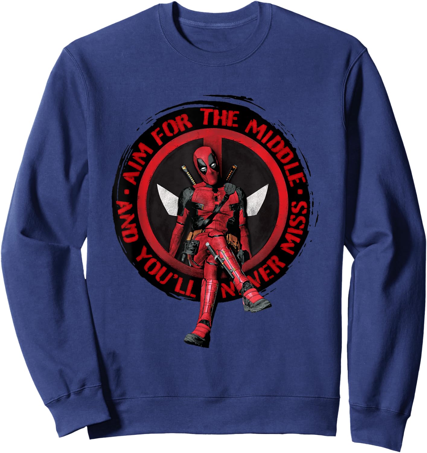 Marvel Deadpool & Wolverine Aim For The Middle Distressed Sweatshirt - Sweatshirt | Navy