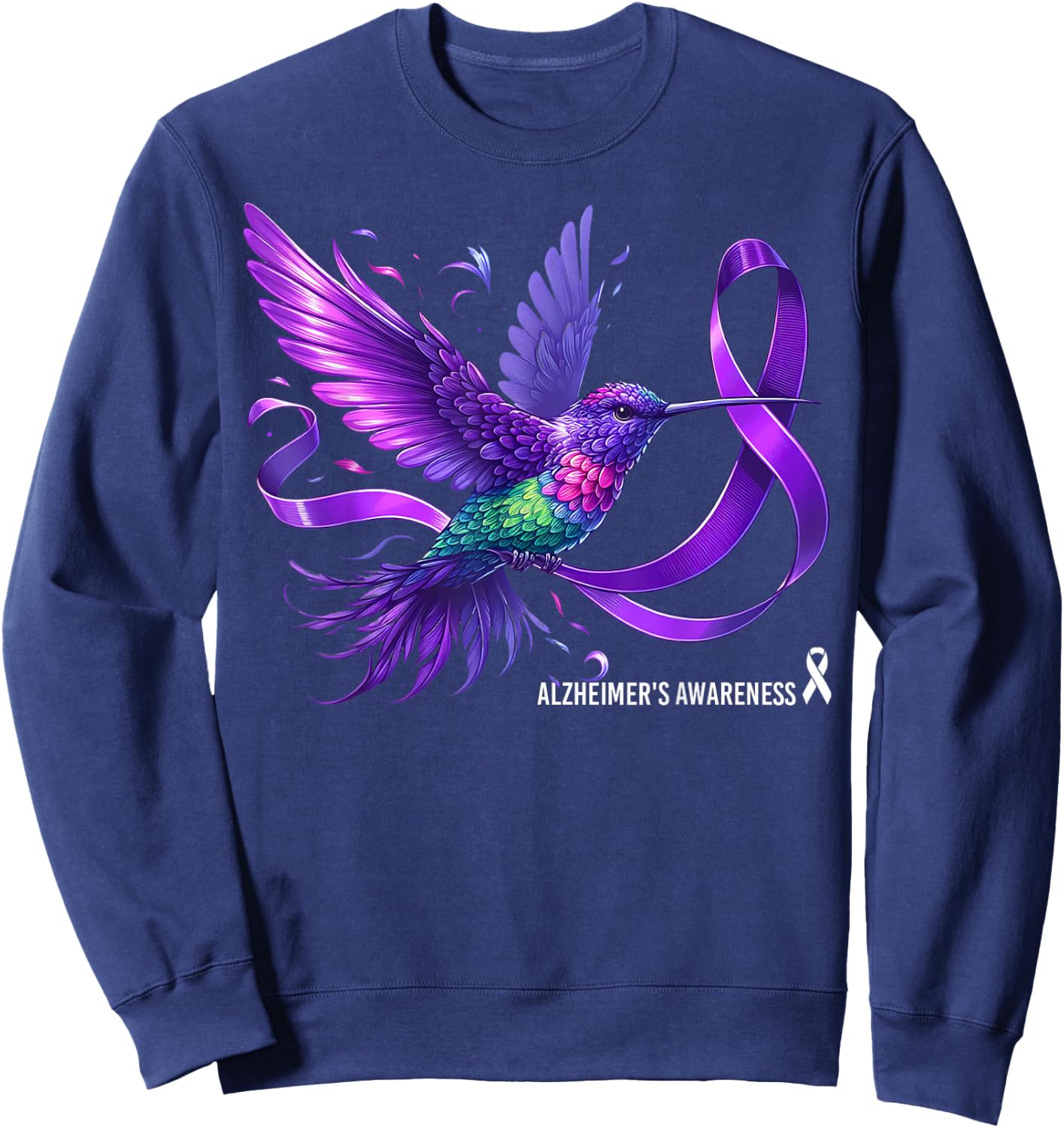 Hummingbird Holding Purple Ribbon Alzheimer's Awareness Sweatshirt - Sweatshirt | Navy
