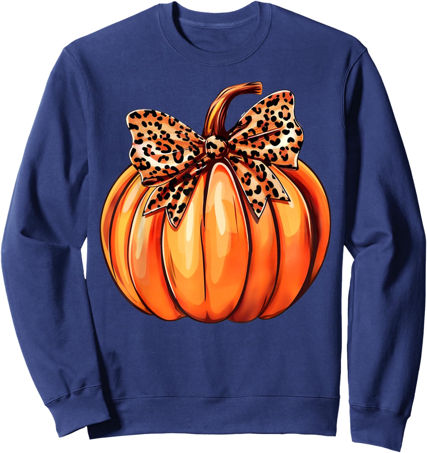 Coquette Bow Leopard Pumpkin Thanksgiving Rustic Fall Women Sweatshirt - Sweatshirt | Navy