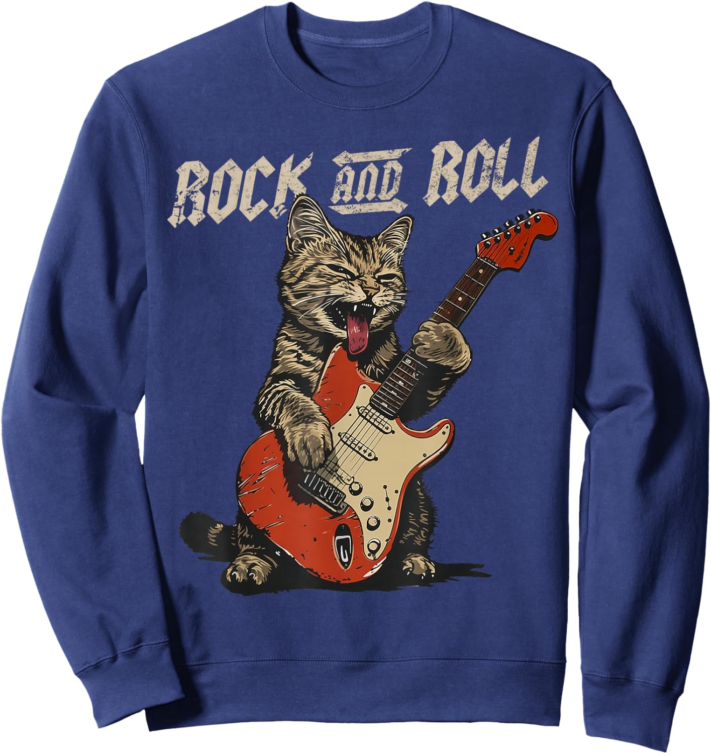 Rock and Roll Guitar Cat Vintage ROCK Guitarist Cat Sweatshirt - Sweatshirt | Navy