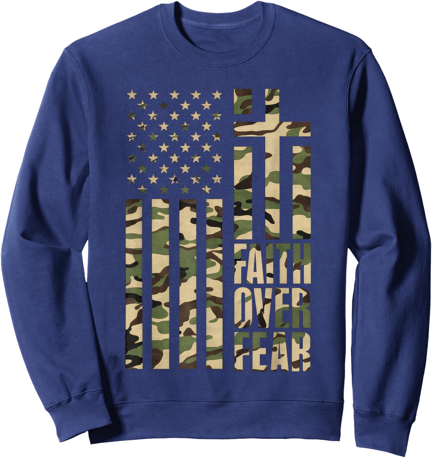 Christian USA Flag Cross Back Print Faith Over Fear Top Sweatshirt - Sweatshirt | Navy