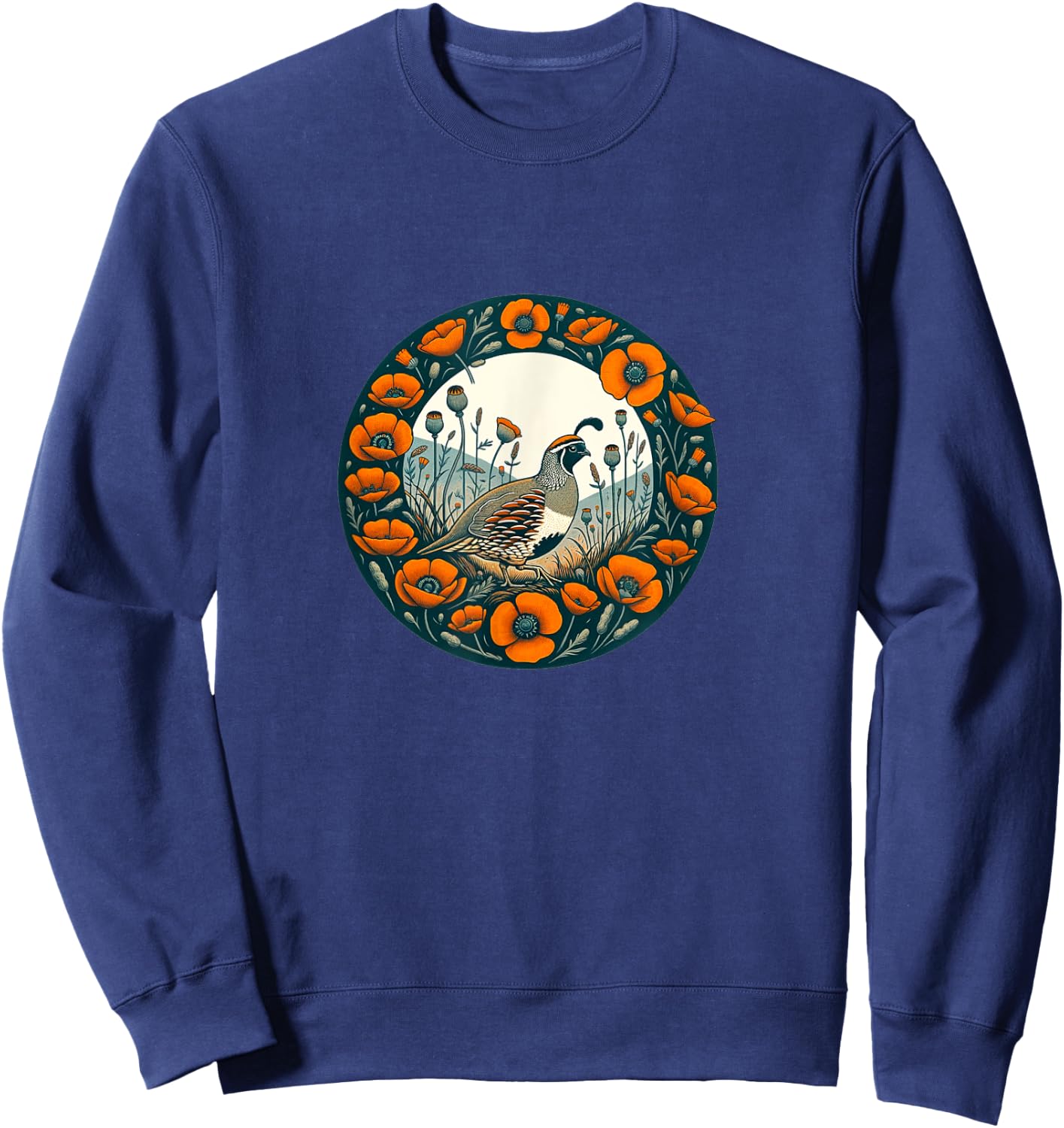 California Poppy and California quail State bird Sweatshirt - Sweatshirt | Navy