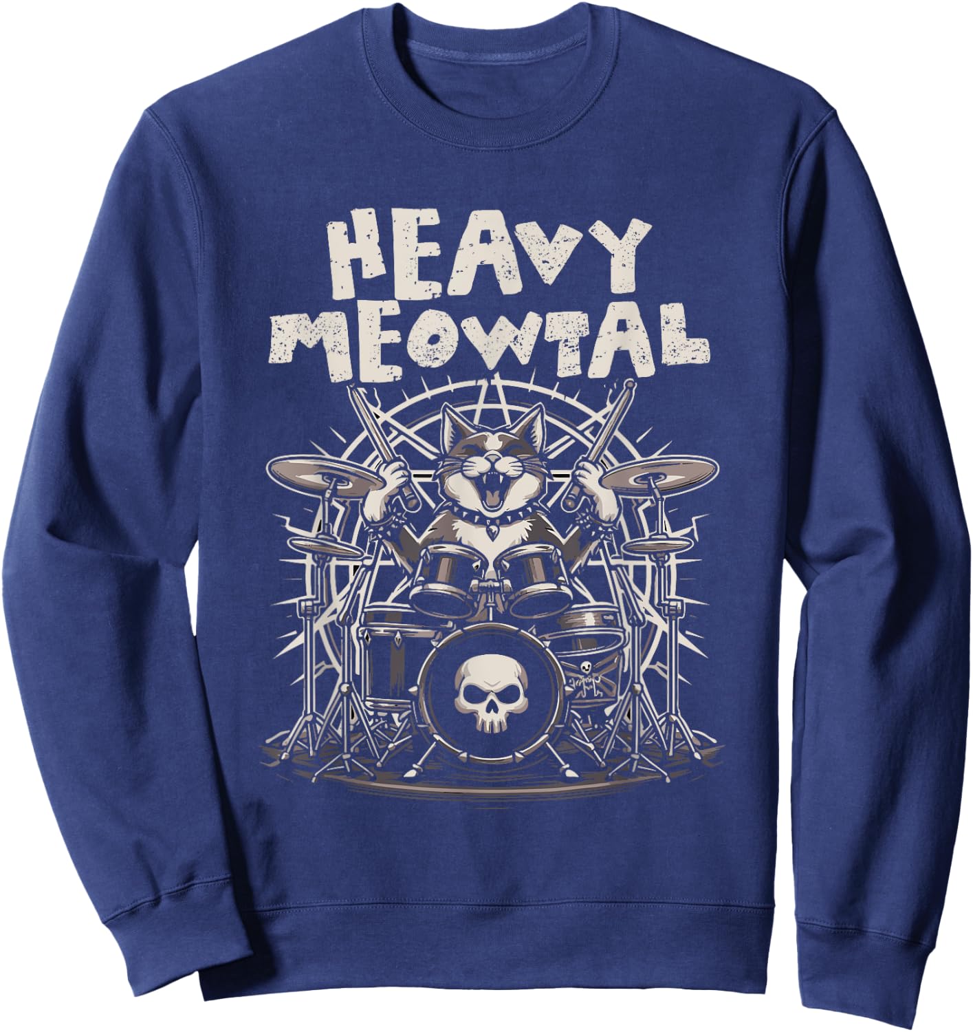 Heavy Meowtal Funny Cat Playing Drums Drummer Cat Meow Men Women Girls Kids Sweatshirt - Sweatshirt | Navy
