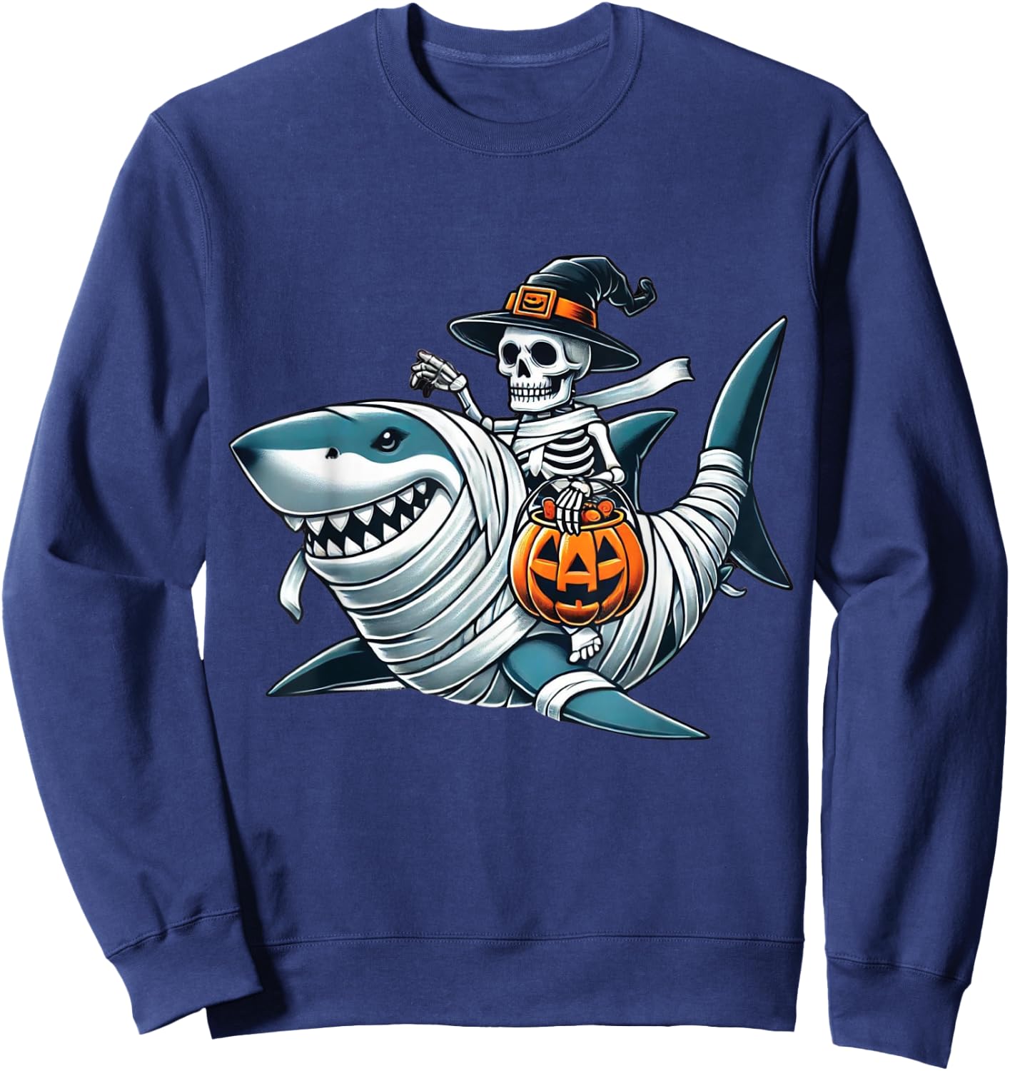 Skeleton Riding Shark Funny Halloween Pumpkin Boys Kids Sweatshirt - Sweatshirt | Navy