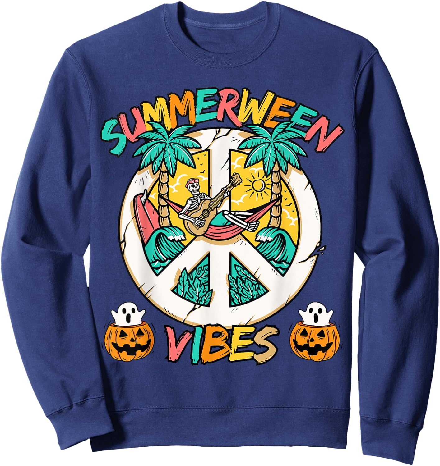 Summerween skeleton chill out at the Beach with summer vibes Sweatshirt - Sweatshirt | Navy