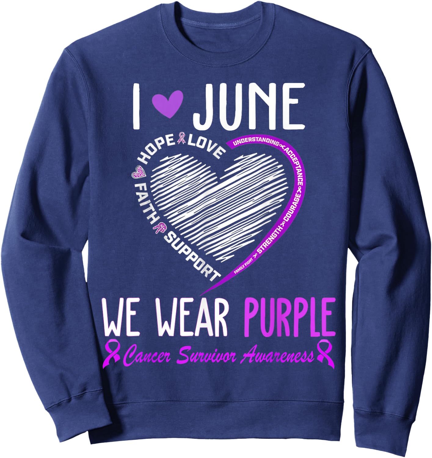 In June We Wear Purple Cancer Survivor Awareness Heart Sweatshirt - Sweatshirt | Navy