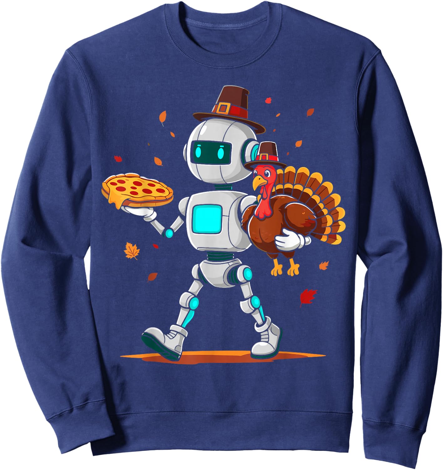 Robot holding turkey pizza thanksgiving fall kids men women Sweatshirt - Sweatshirt | Navy