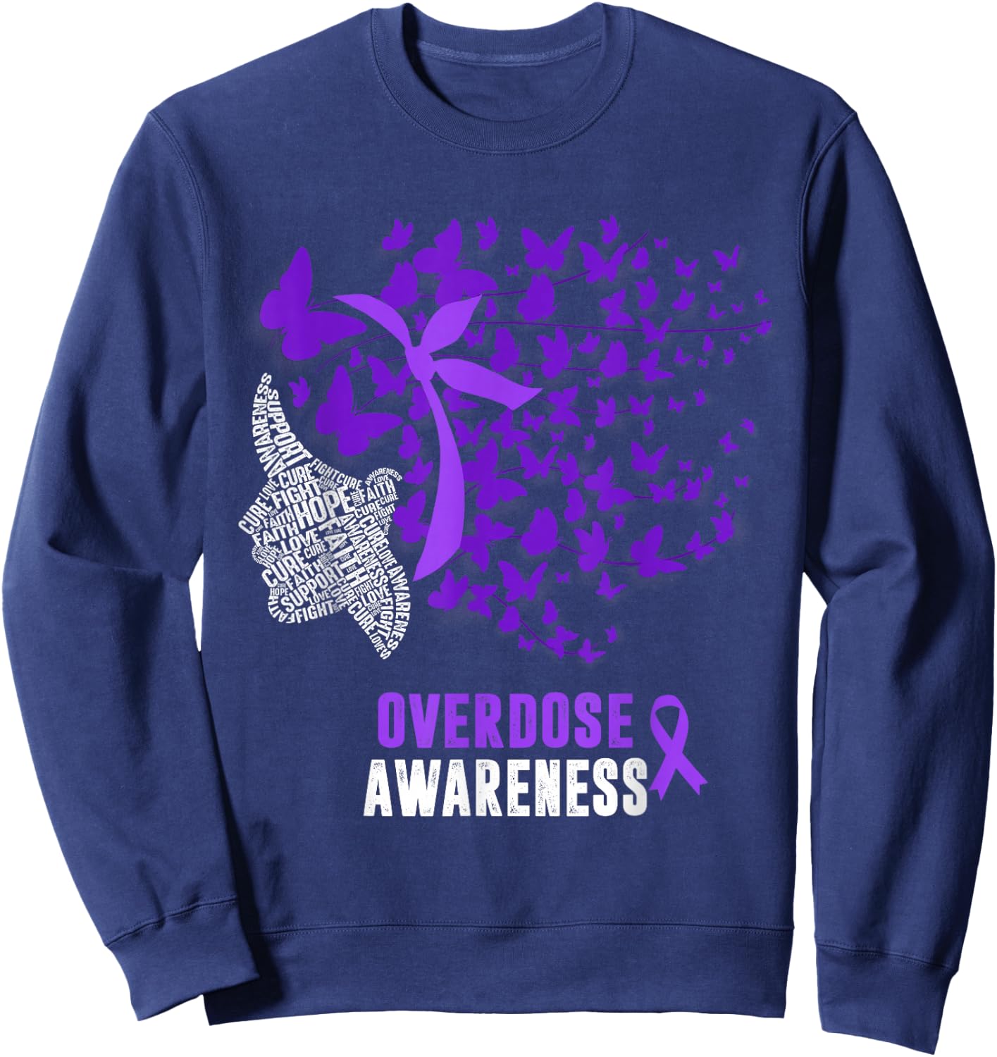 Overdose Awareness Month Butterfly Purple Ribbon Sweatshirt - Sweatshirt | Navy