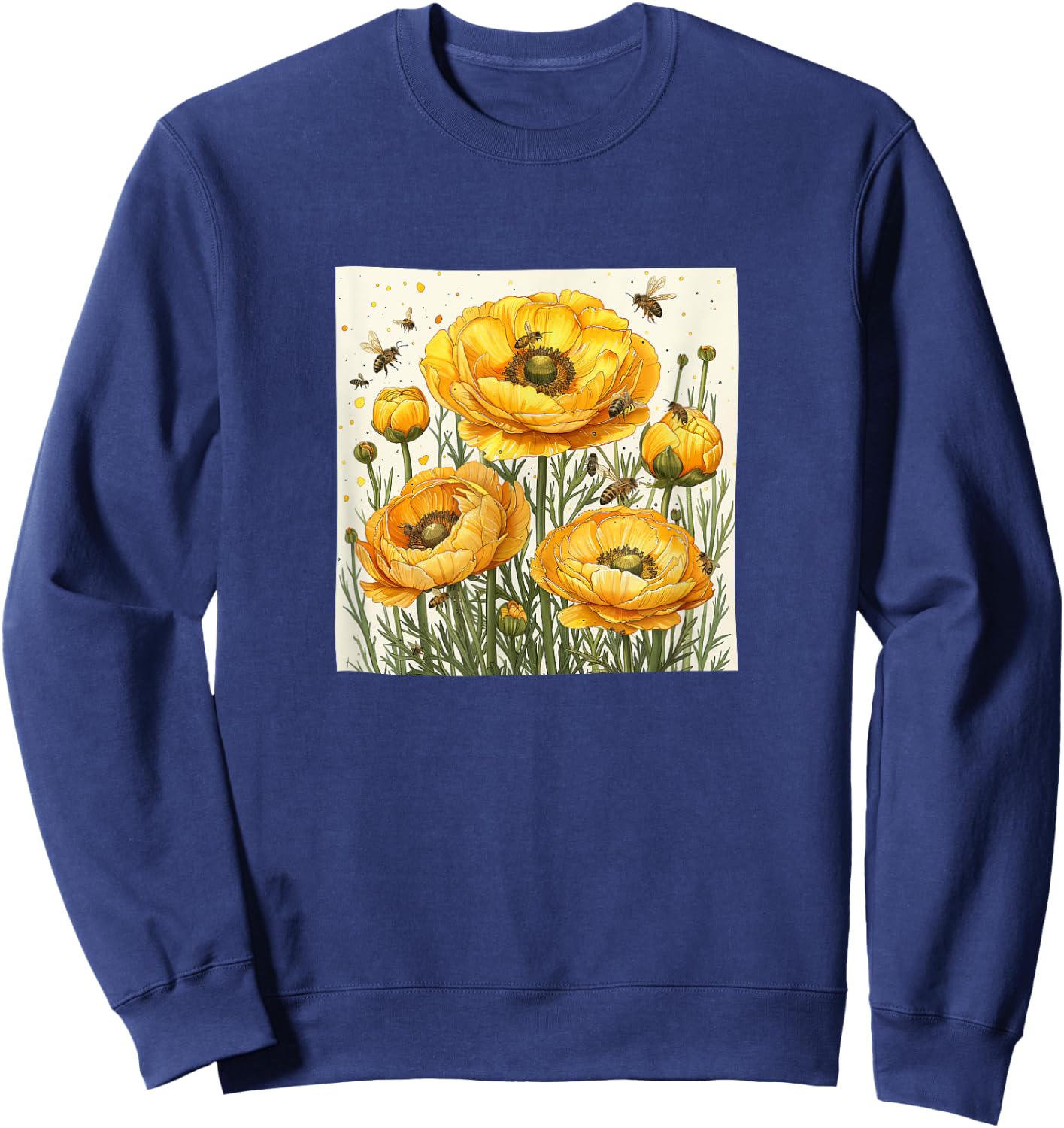 Ranunculus Flower Blooming With Bees Around Graphic Sweatshirt - Sweatshirt | Navy