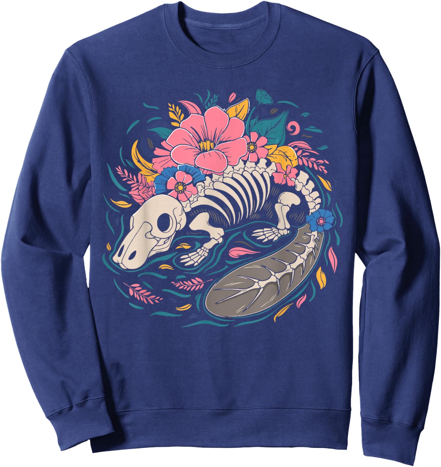 Flower Animal Platypus - Wildlife Duckbill Floral Skeleton Sweatshirt - Sweatshirt | Navy