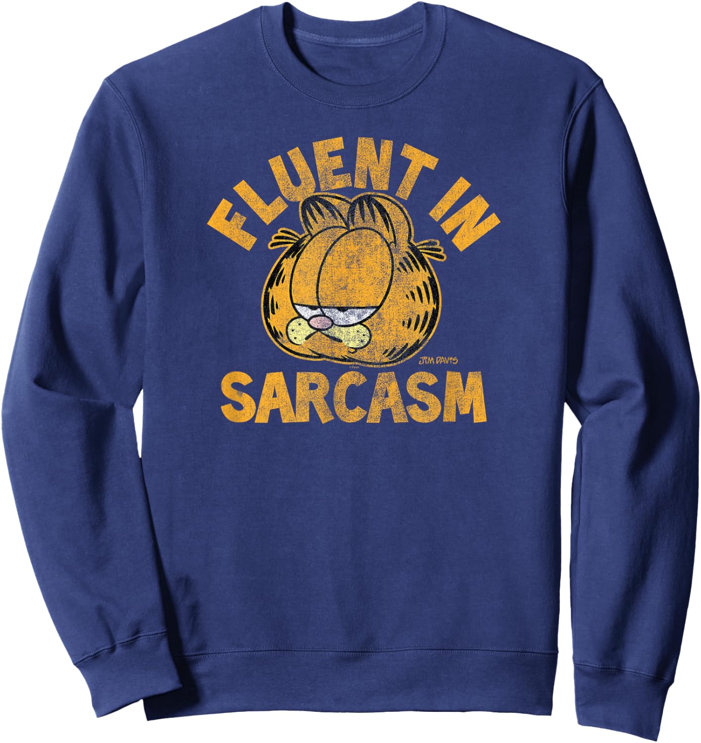 Garfield Fluent in Sarcasm Distressed Cartoon Cat Sweatshirt - Sweatshirt | Navy