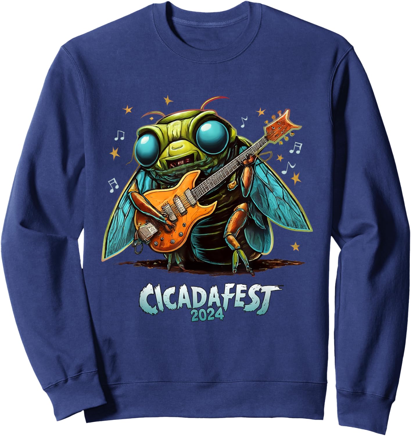 Dibble Dabble Designs Cicadas Cicada fest 2024 Guitar Playing Cicada , Small, Black Sweatshirt - Sweatshirt | Navy