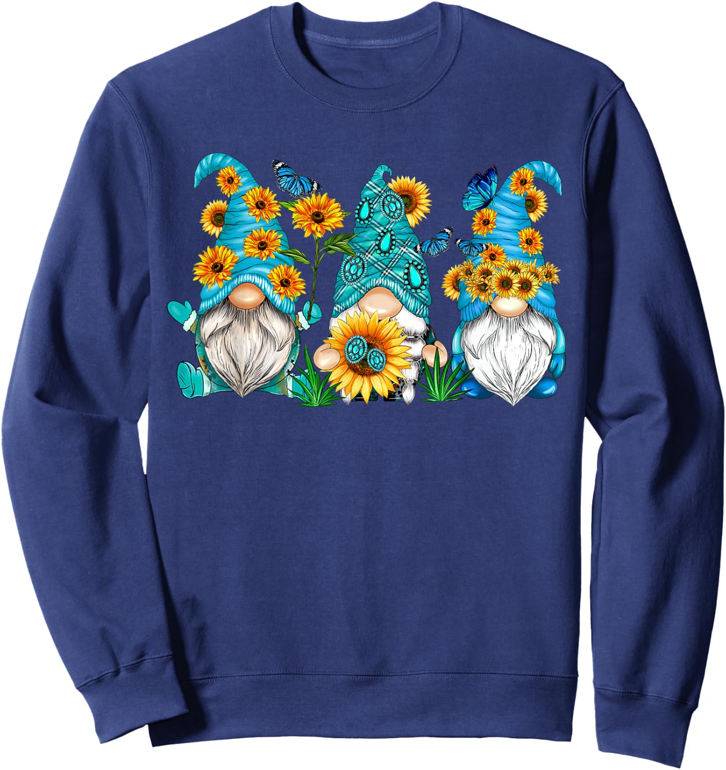 Cute Gnomes With Sunflower Butterfly Gardener Summer Floral Sweatshirt - Sweatshirt | Navy