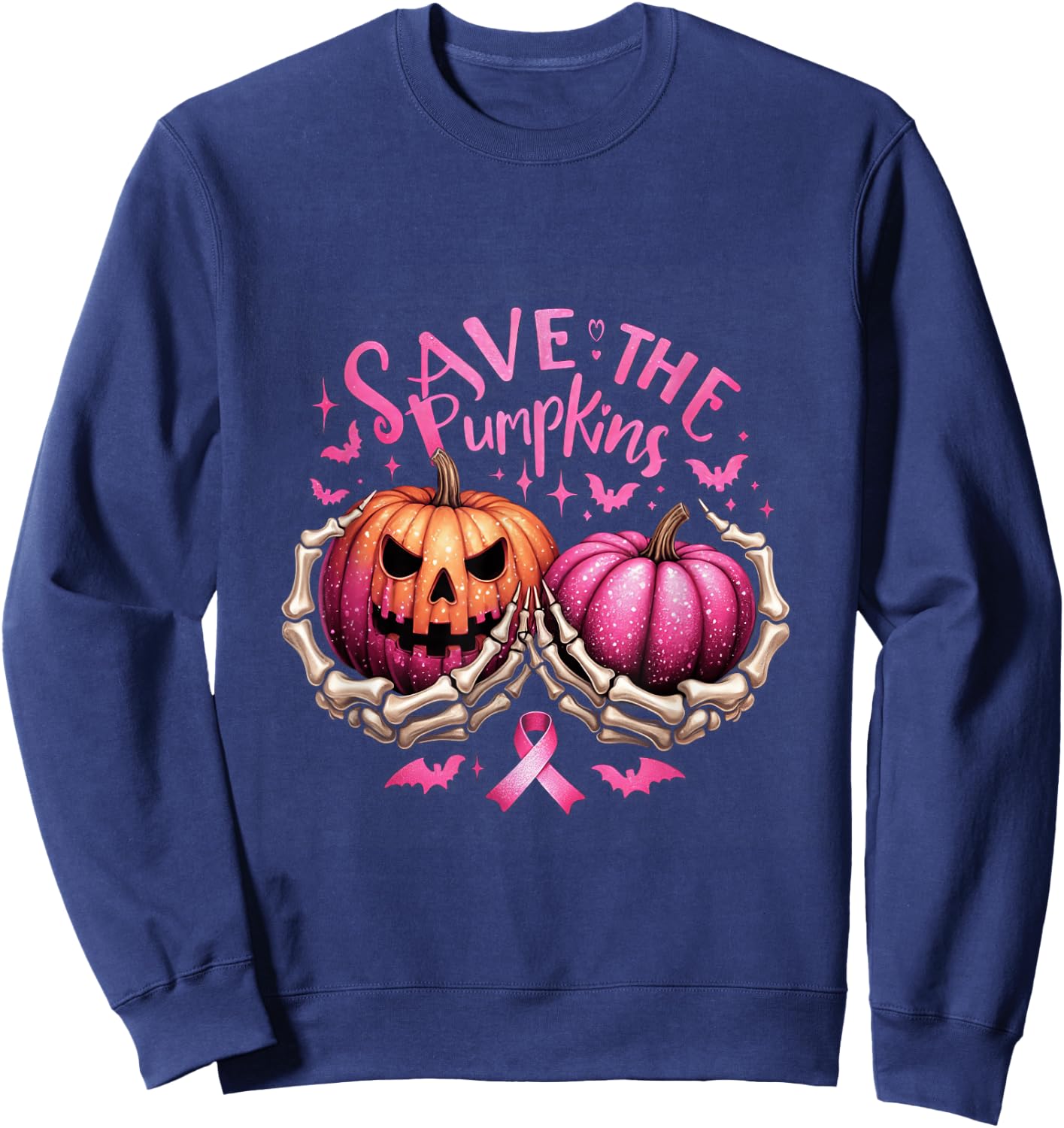 Save The Pumpkins Skeleton Halloween Breast Cancer Awareness Sweatshirt - Sweatshirt | Navy