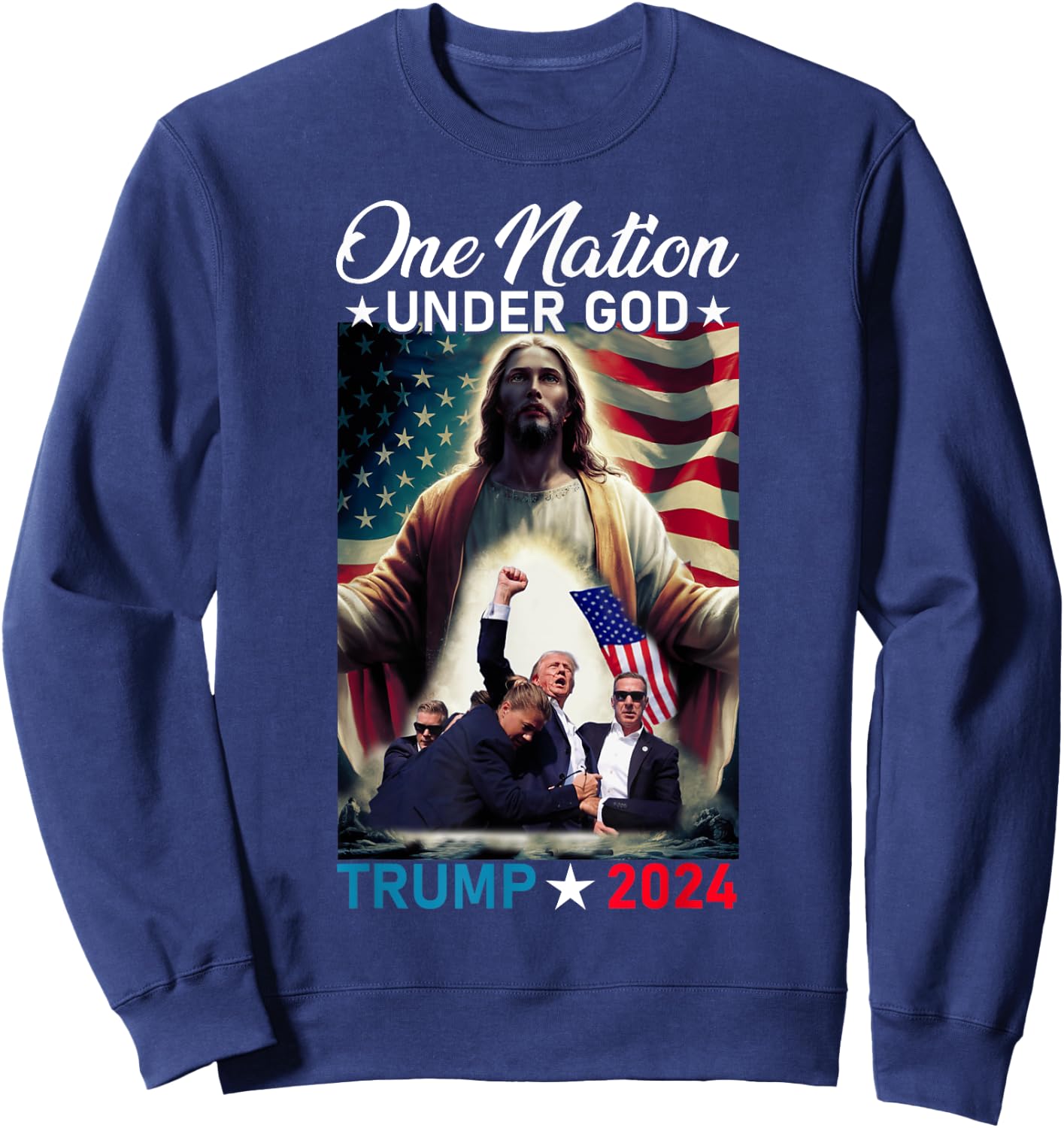 One Nation Under God Trump 2024 God American Flag Christian Women Men Sweatshirt - Sweatshirt | Navy