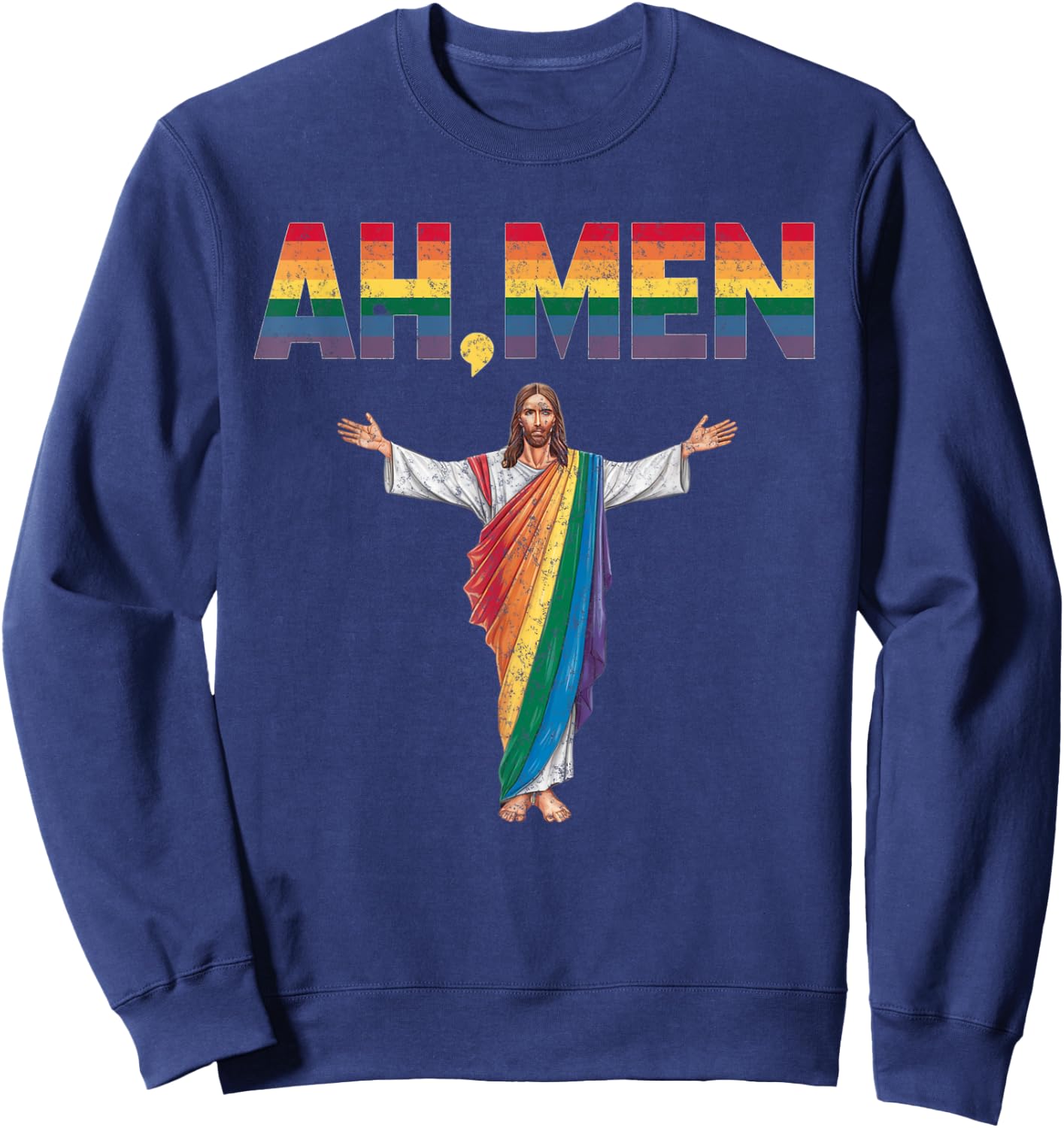 Ah-Men Funny Gay Pride Rainbow Jesus Graphic Sweatshirt - Sweatshirt | Navy