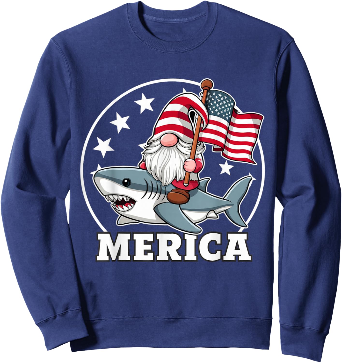 Funny Gnome Riding Shark American Flag USA 4th of July Sweatshirt - Sweatshirt | Navy