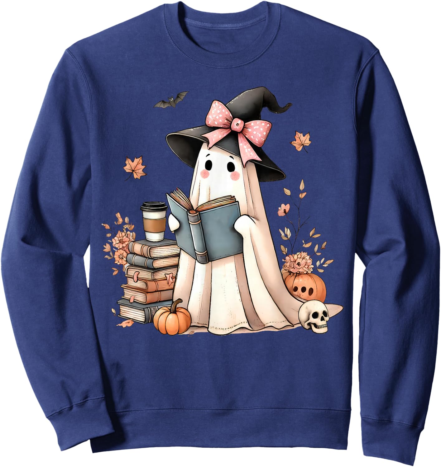 Retro Halloween Ghost Reading Books Teacher Sweatshirt - Sweatshirt | Navy