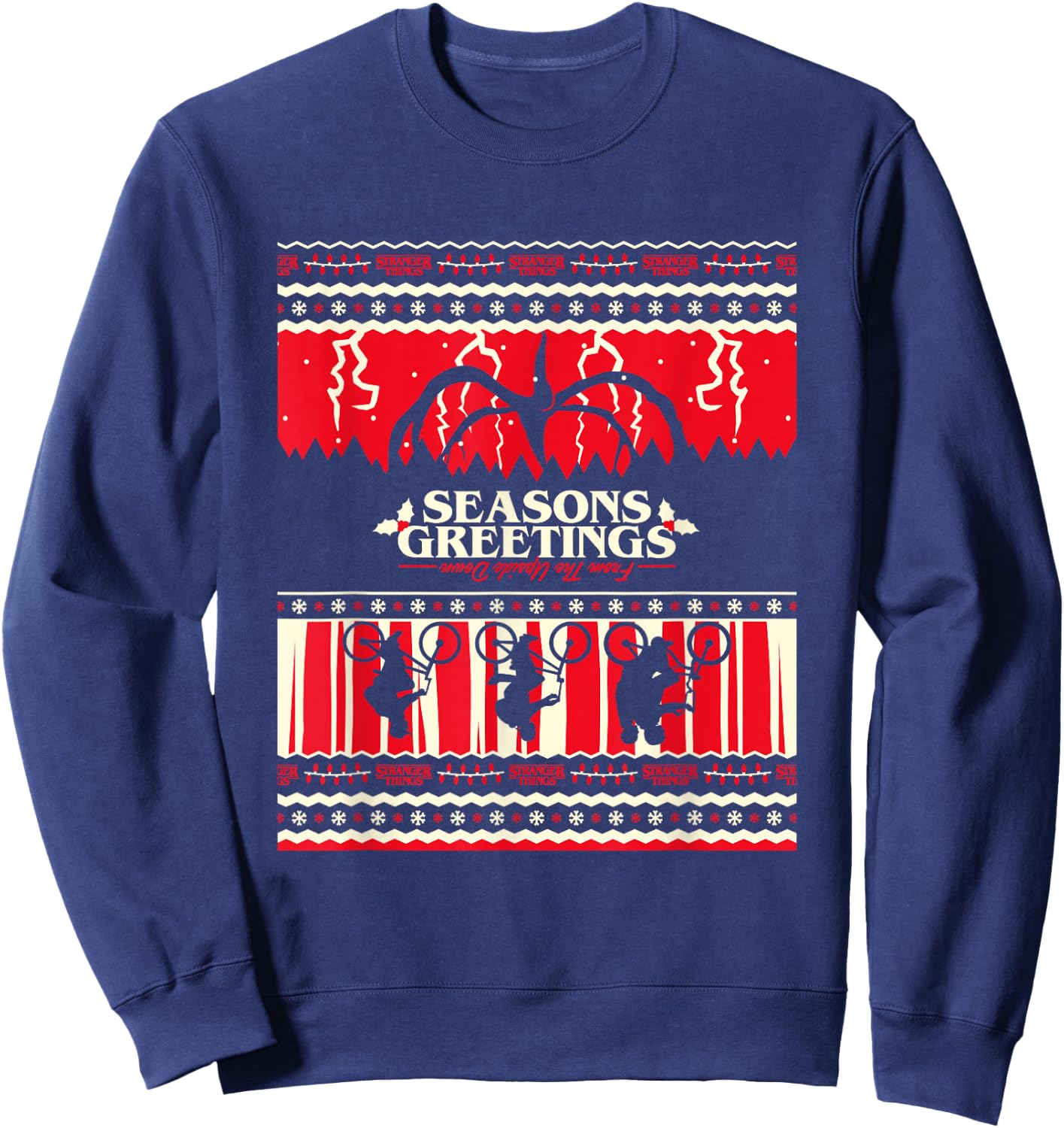 Stranger Things Christmas Seasons Greetings Upside Down Logo Sweatshirt - Sweatshirt | Navy